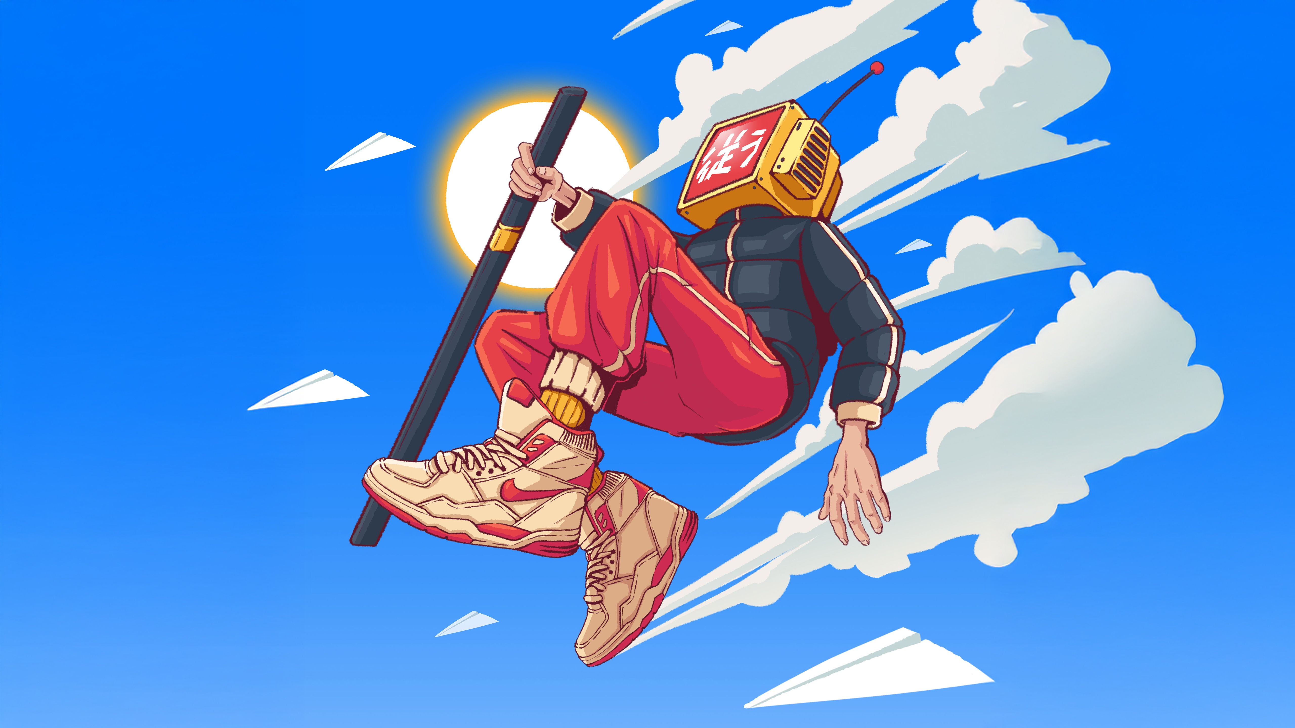 Tv Head Character Holding Staff in Clouds HD Wallpaper