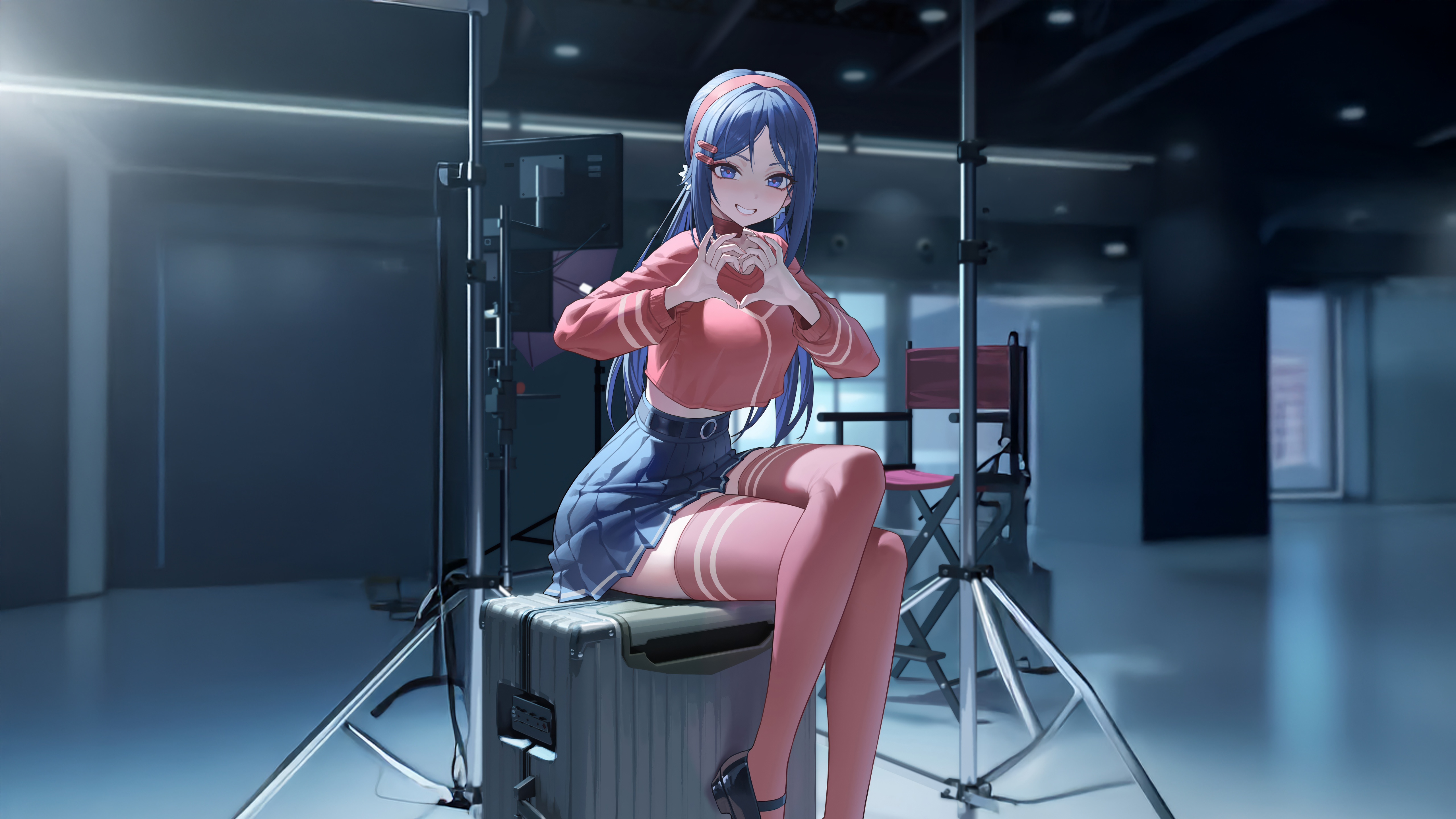 Anime Girl Making Heart Shape in Studio HD Wallpaper