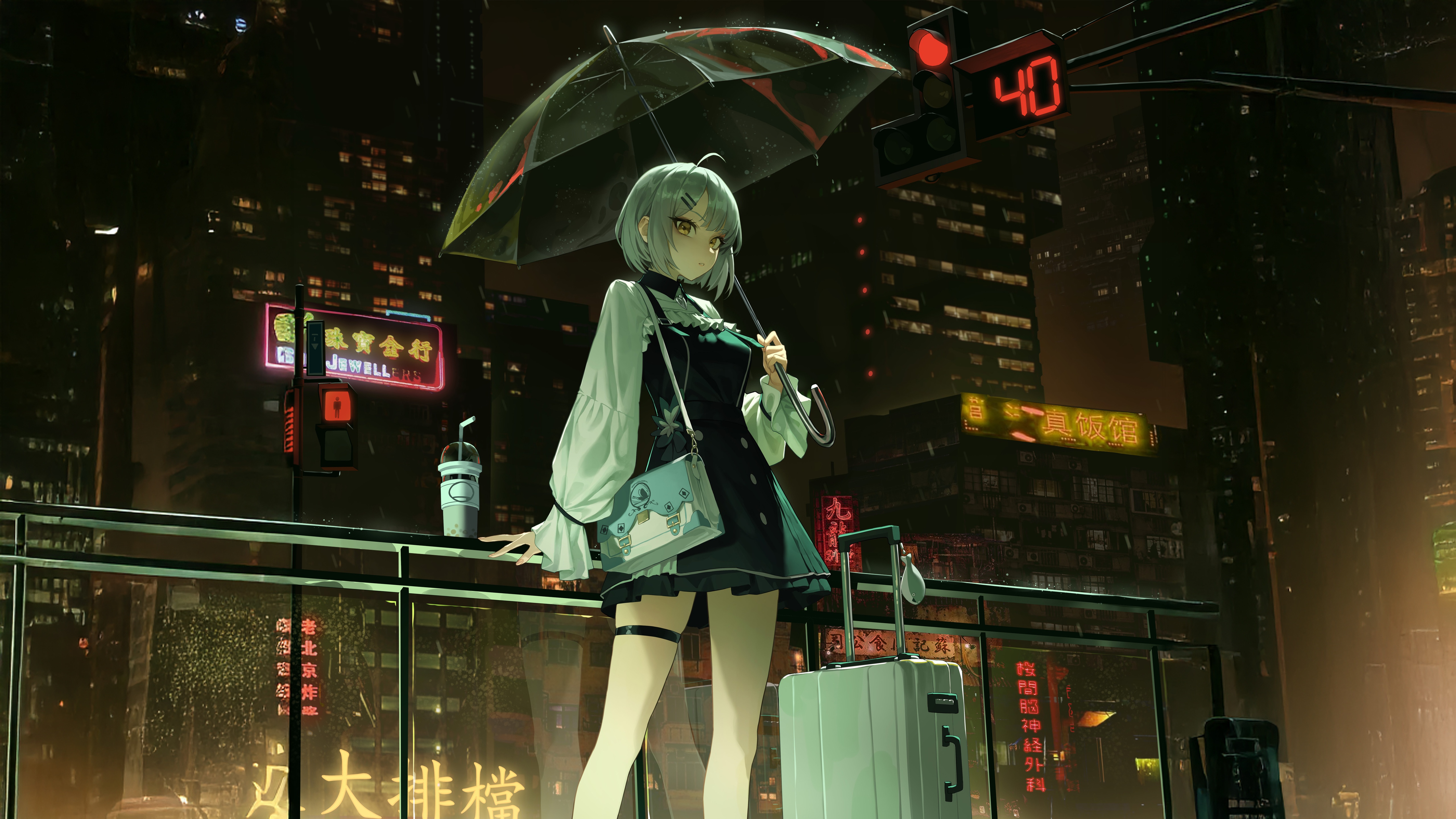 Anime girl with umbrella in a neon city at night HD Wallpaper