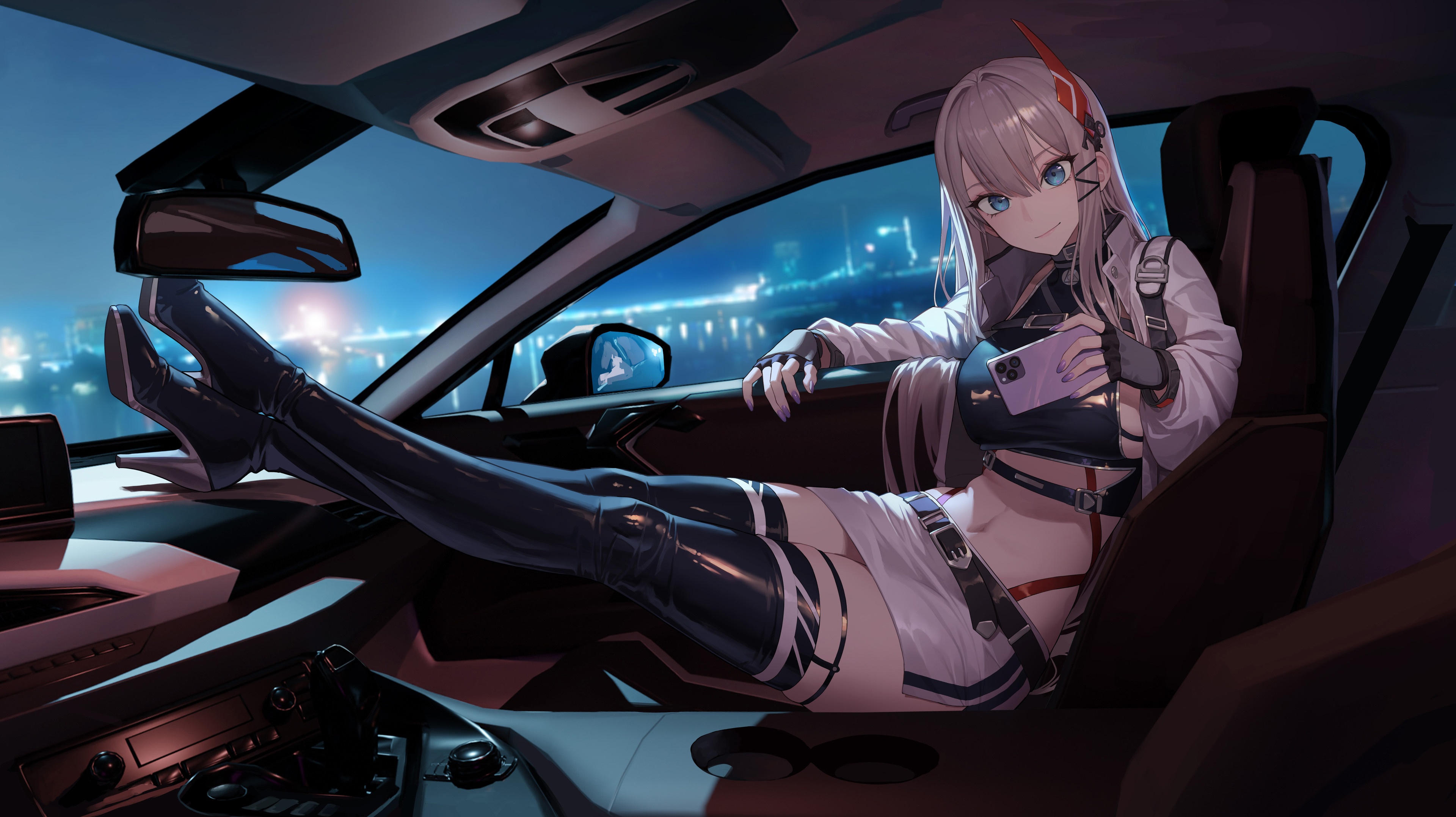 Anime Girl with iPhone in Car at Night HD Wallpaper