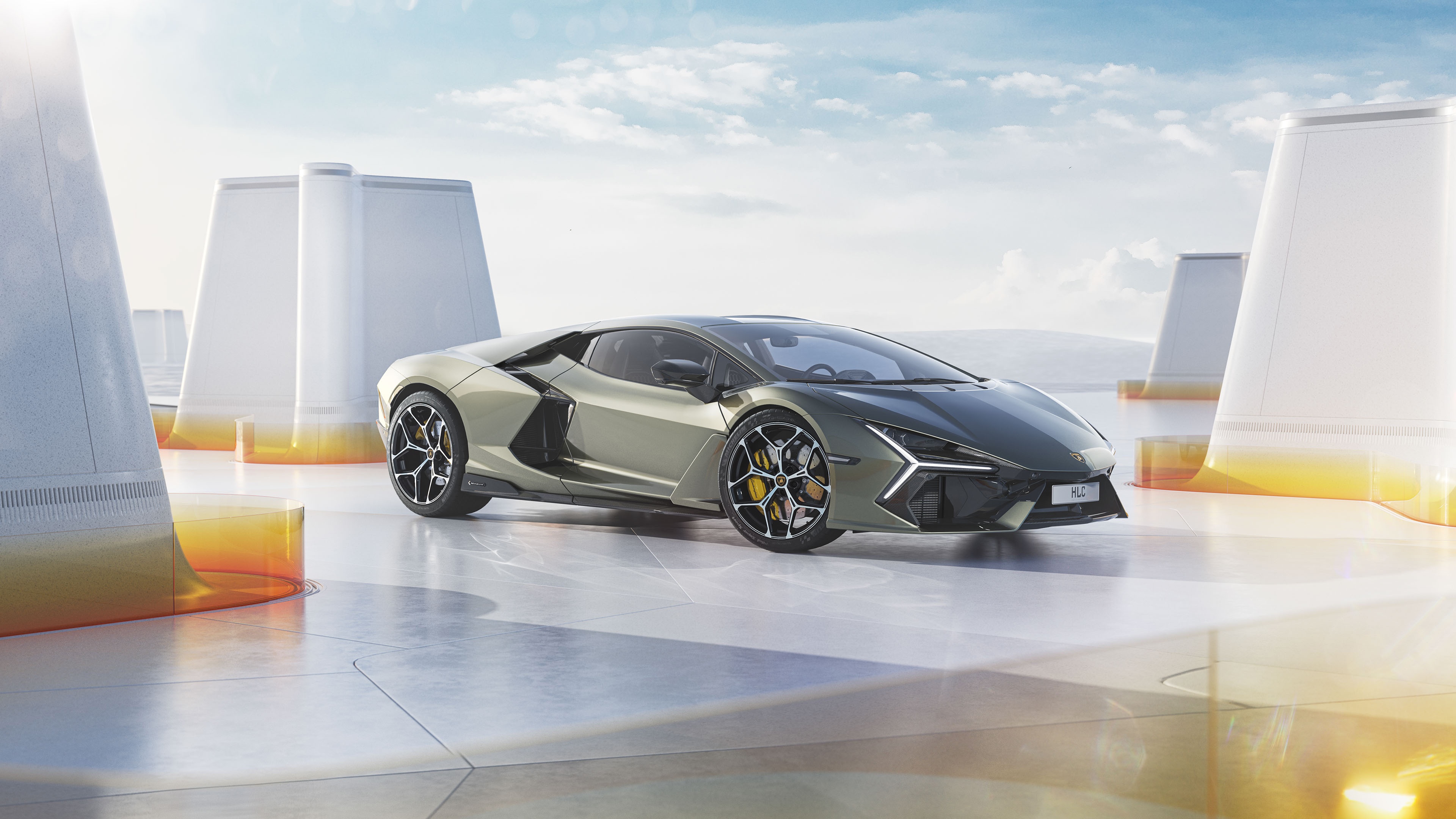 Lamborghini Revuelto in a futuristic setting HD Wallpaper