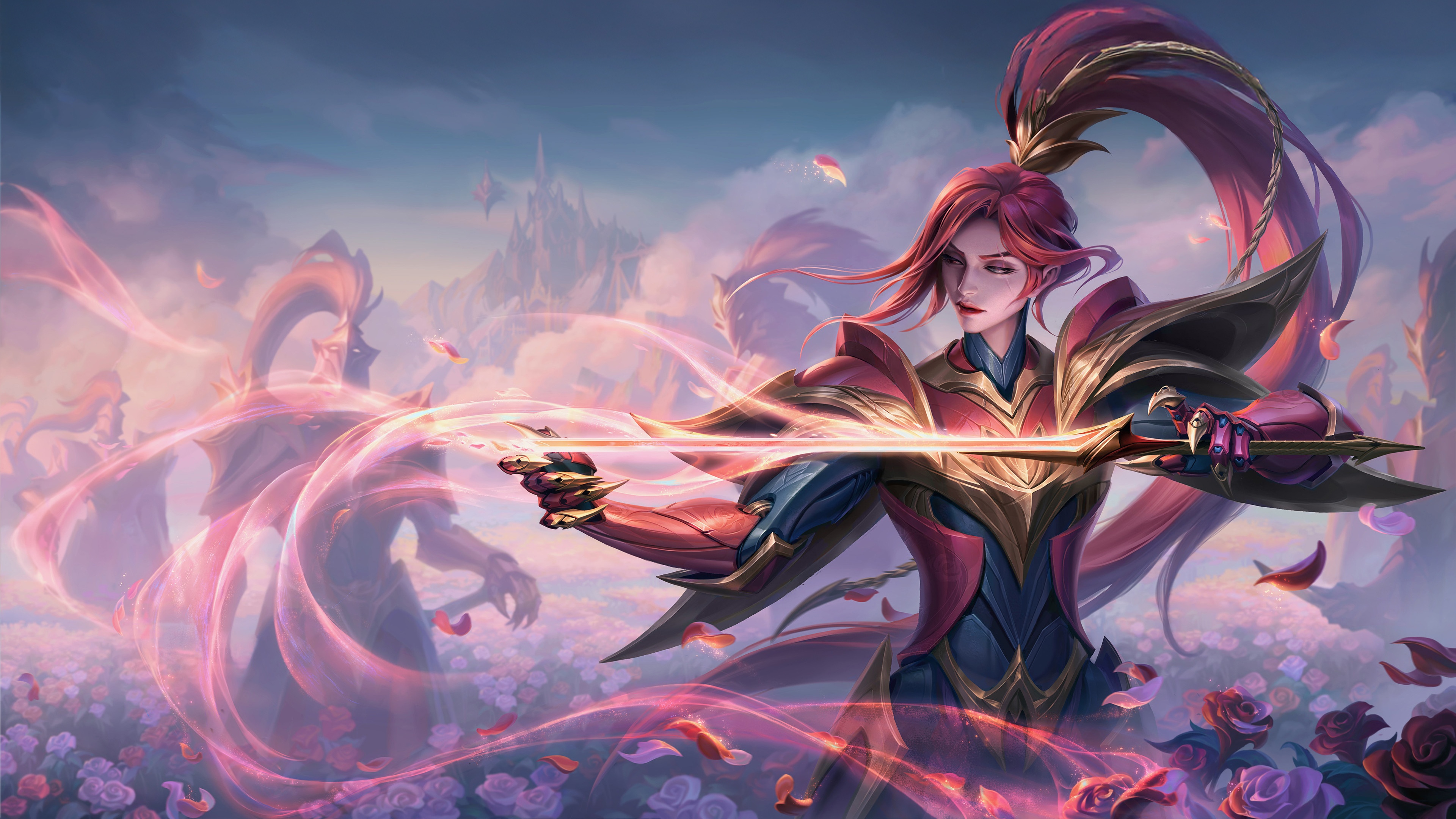 Knight of the Rose with glowing sword in a field of roses HD Wallpaper