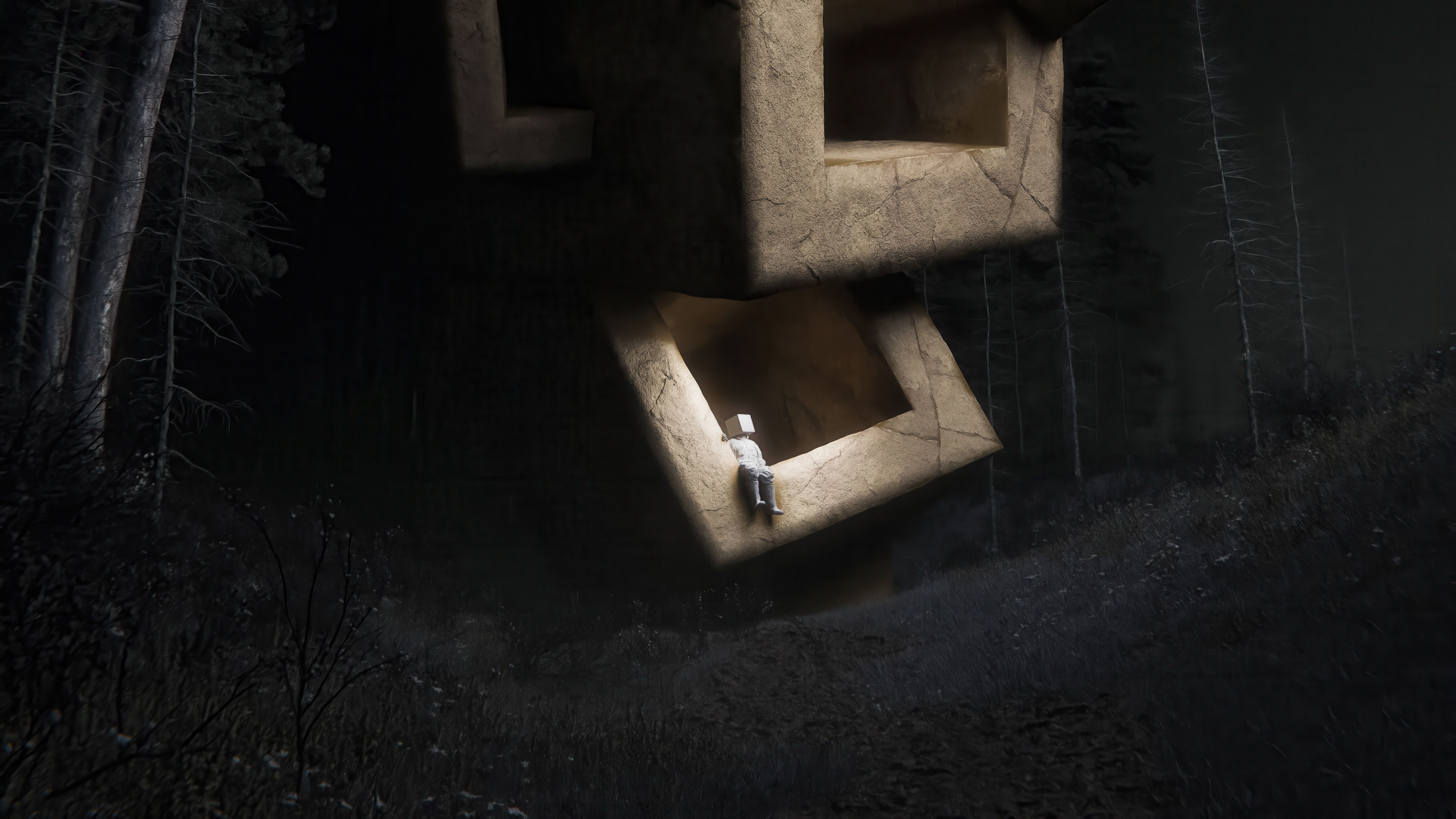 Cubic Continuum: A lone figure sits in a large cube structure HD Wallpaper