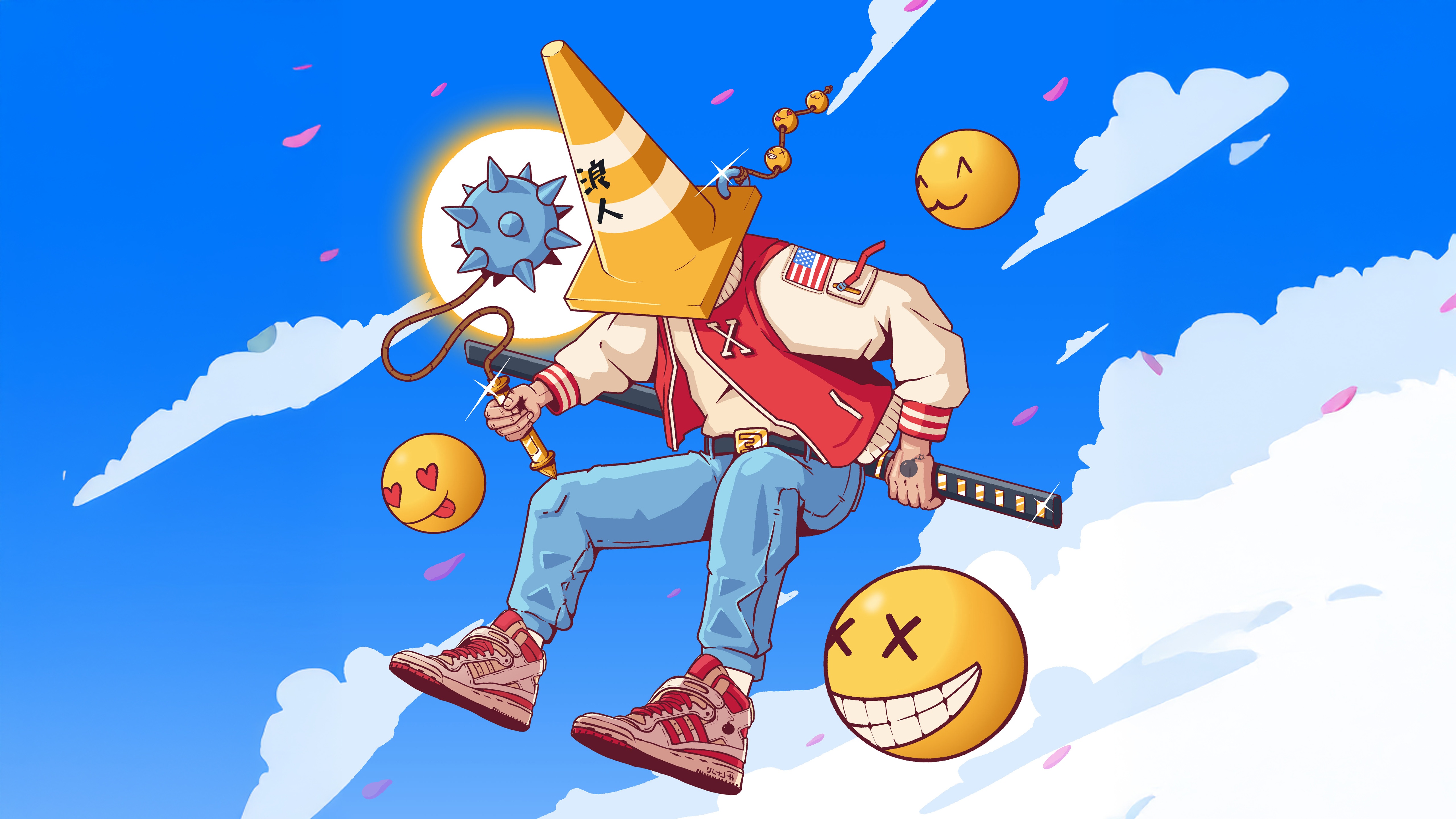 Traffic Cone Warrior with Katana and Spiked Ball HD Wallpaper