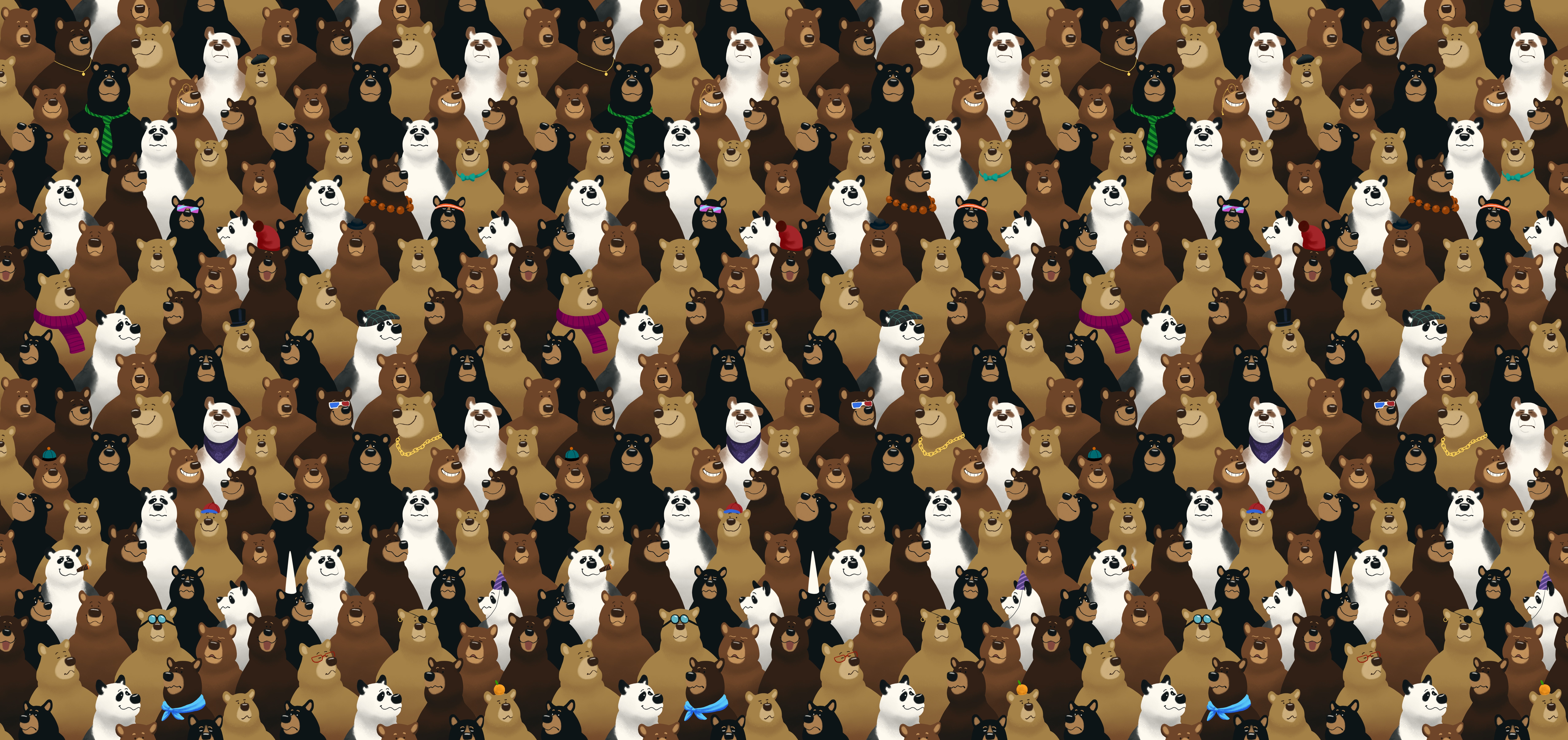 A crowd of cartoon bears wearing accessories HD Wallpaper