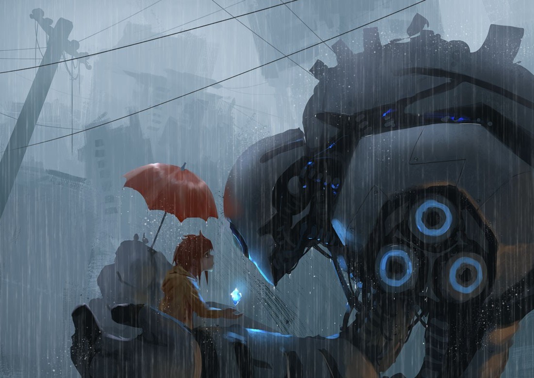 Girl with umbrella and robot in the rain HD Wallpaper