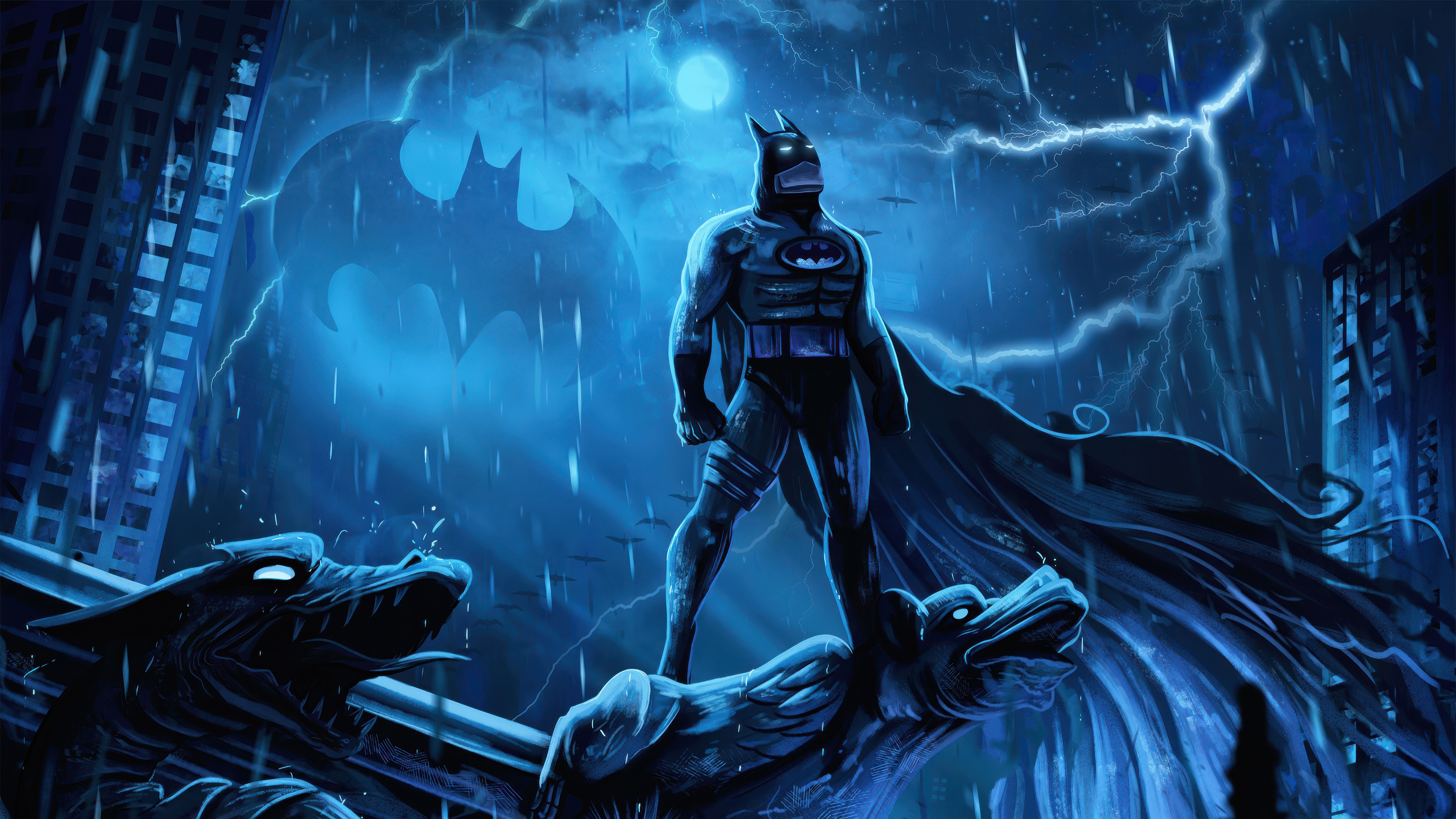 Batman Standing on Gargoyle in Gotham City HD Wallpaper