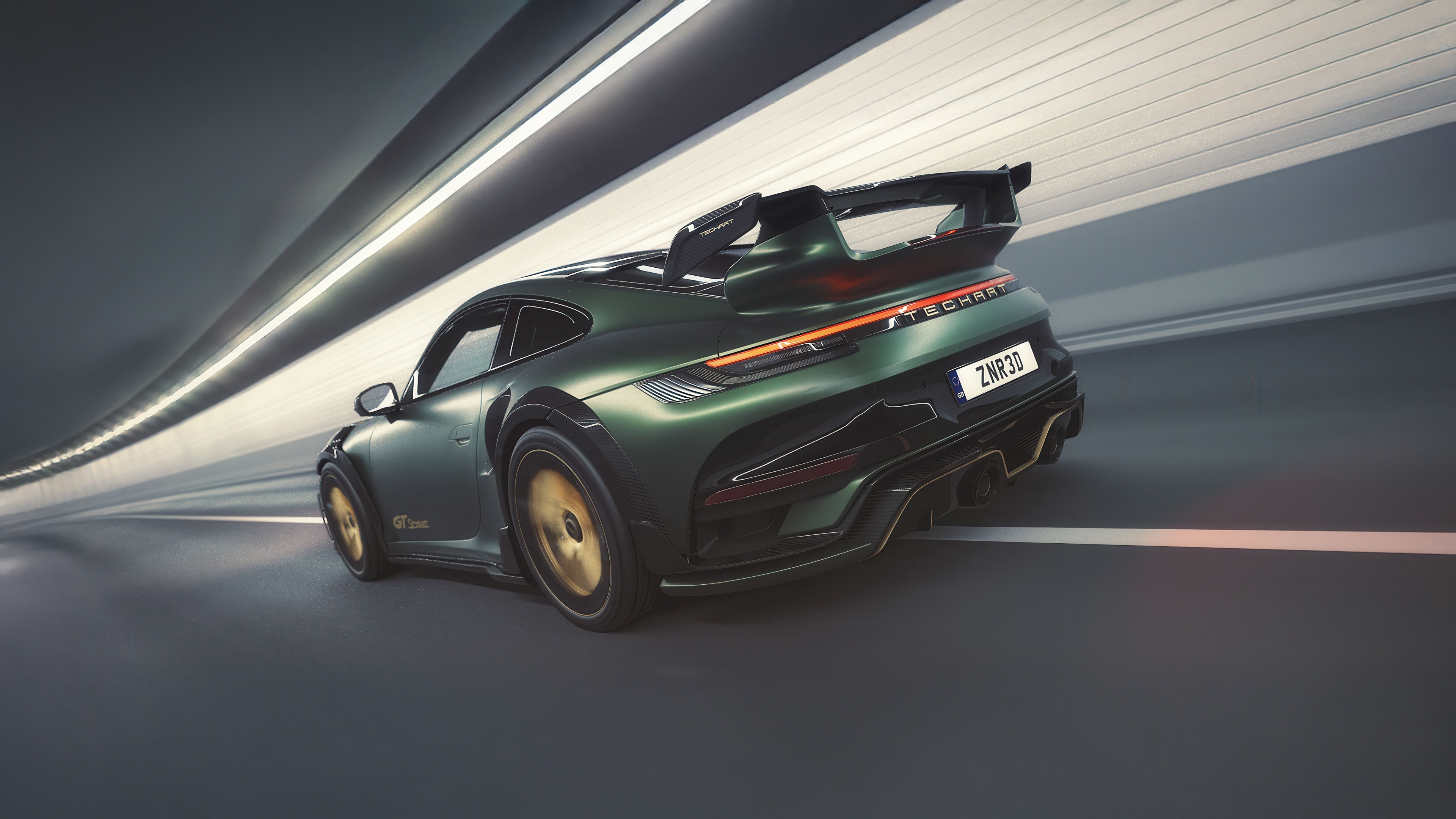 Green Porsche 911 Turbo S Techart GTstreet R in tunnel HD Wallpaper