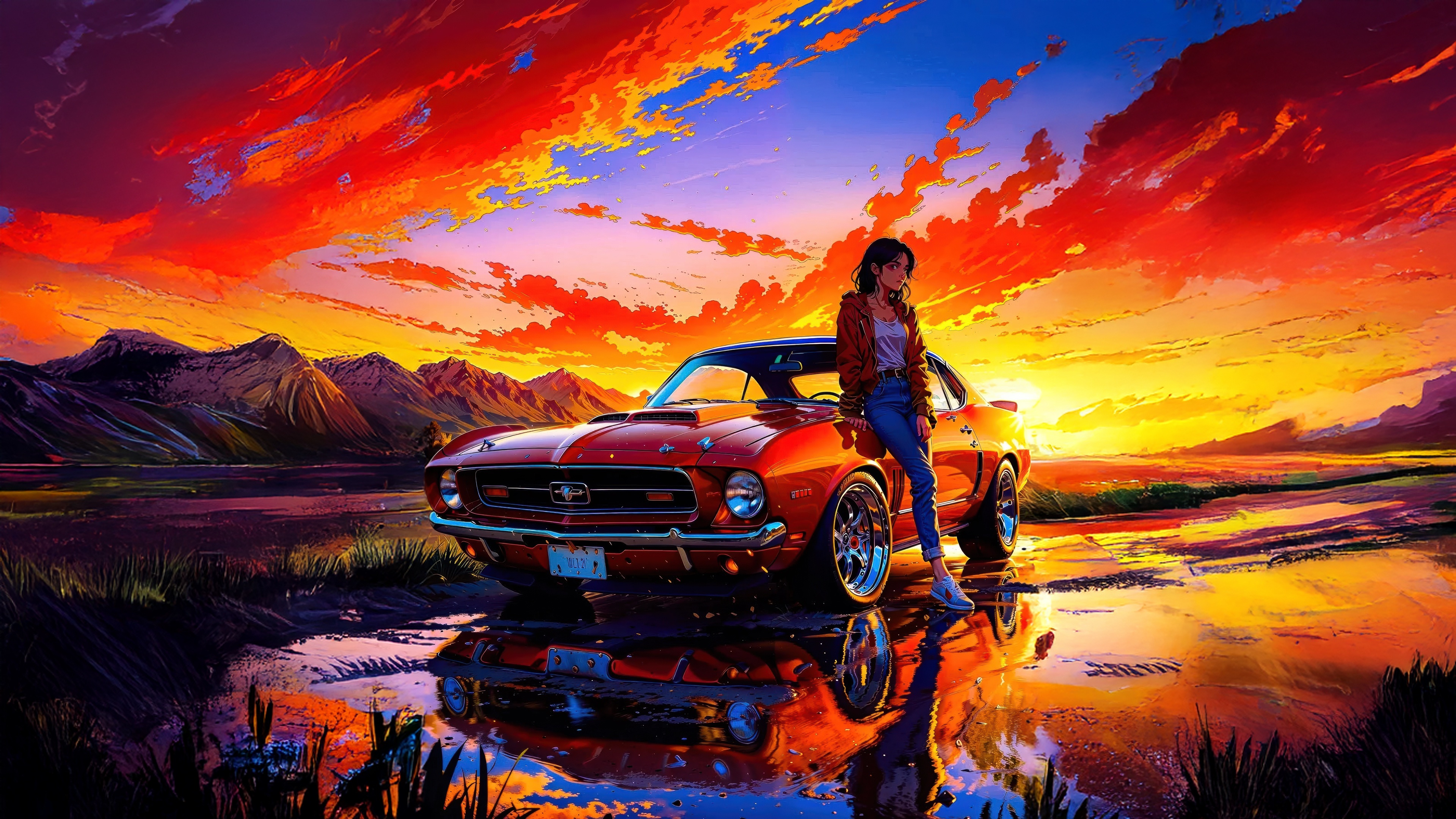 Girl with a red vintage Mustang at sunset HD Wallpaper