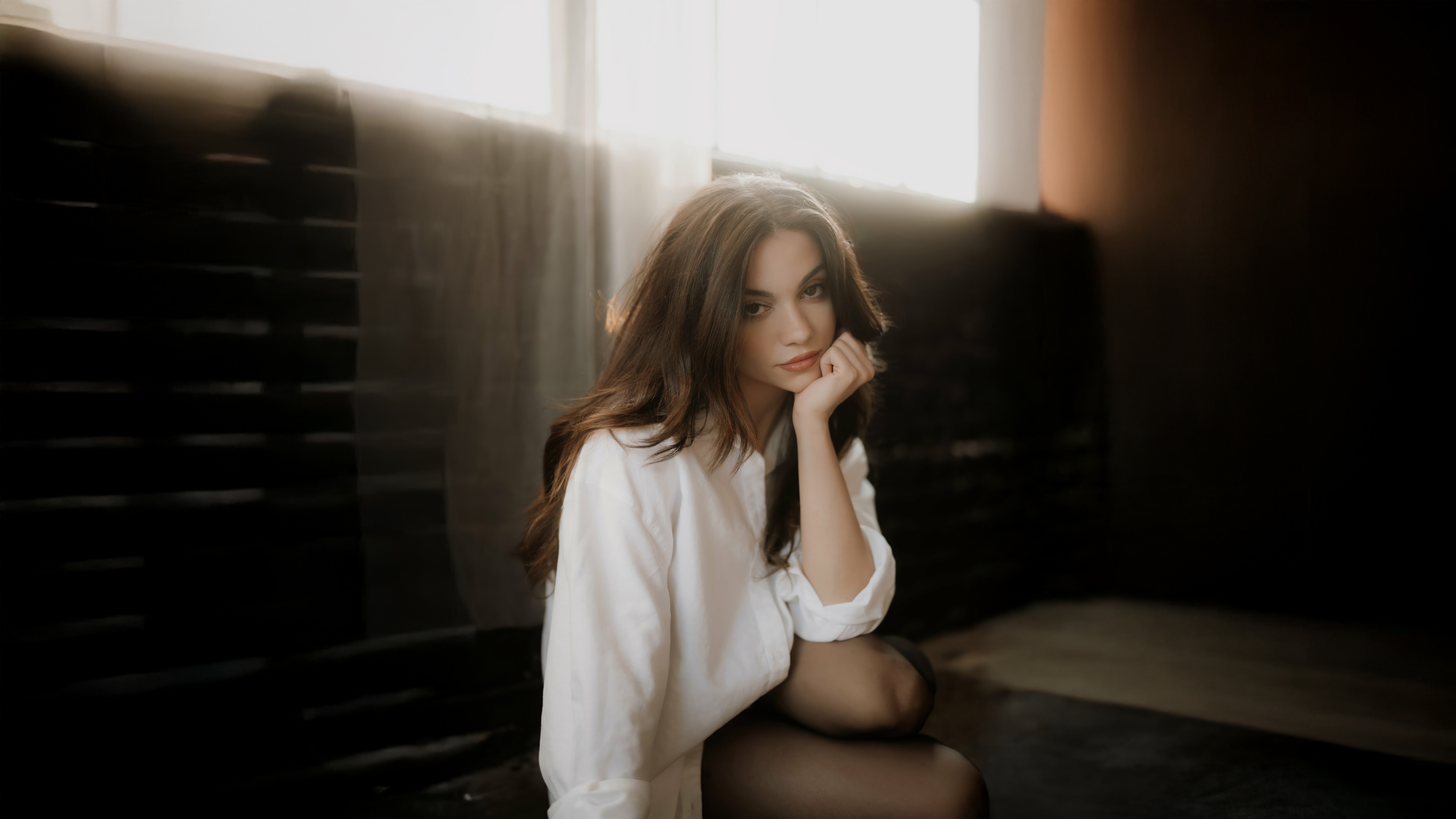 Lauren Lavera posing in a white shirt and black stockings HD Wallpaper