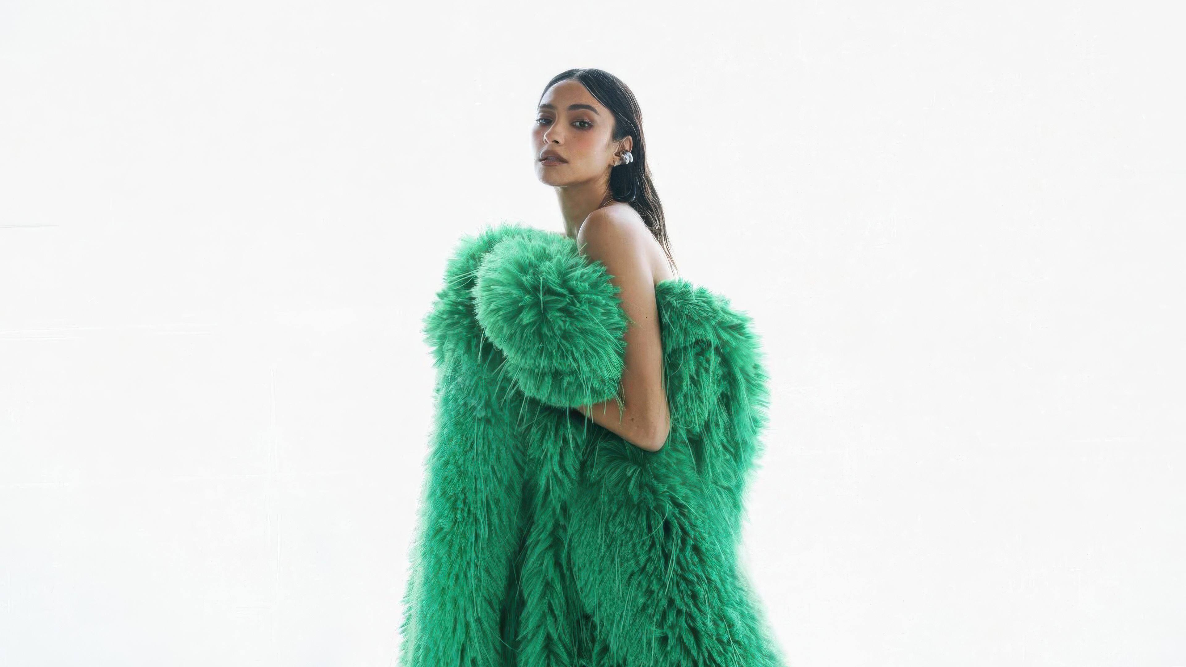Shay Mitchell in a green fluffy outfit HD Wallpaper