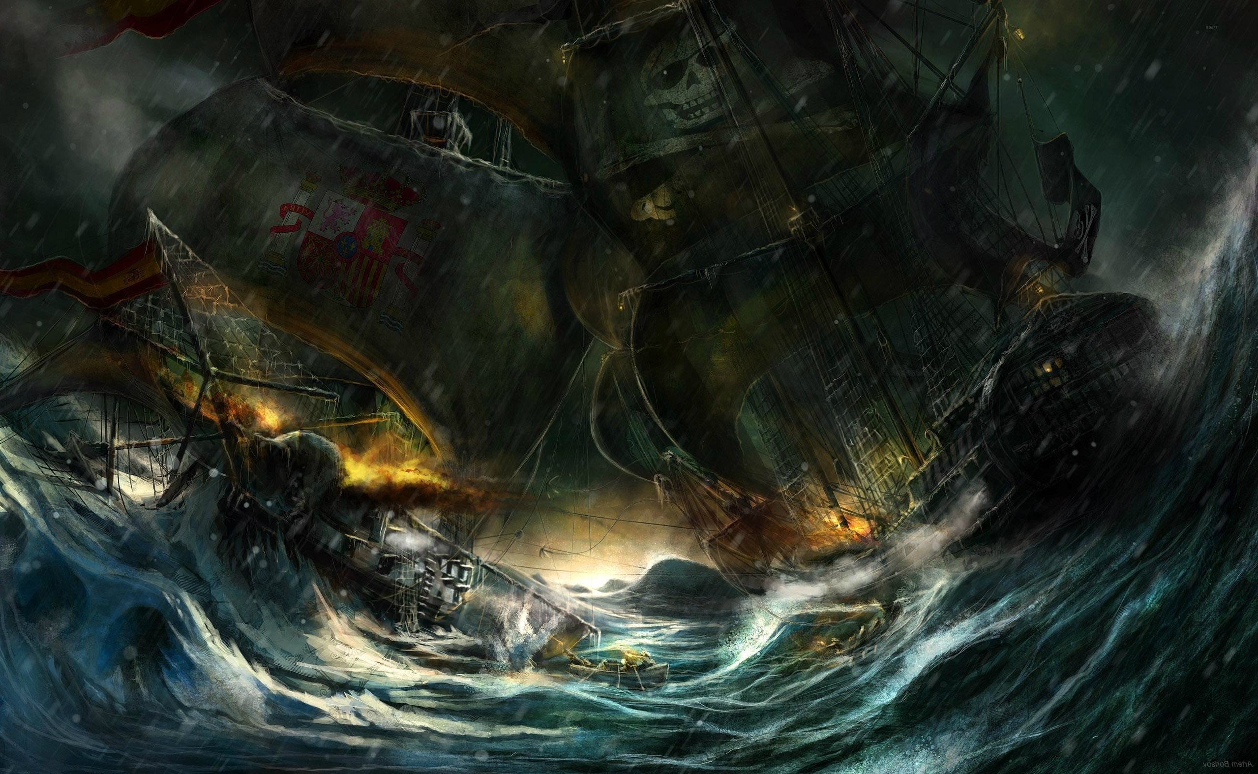 Pirate ships battling in a stormy sea HD Wallpaper