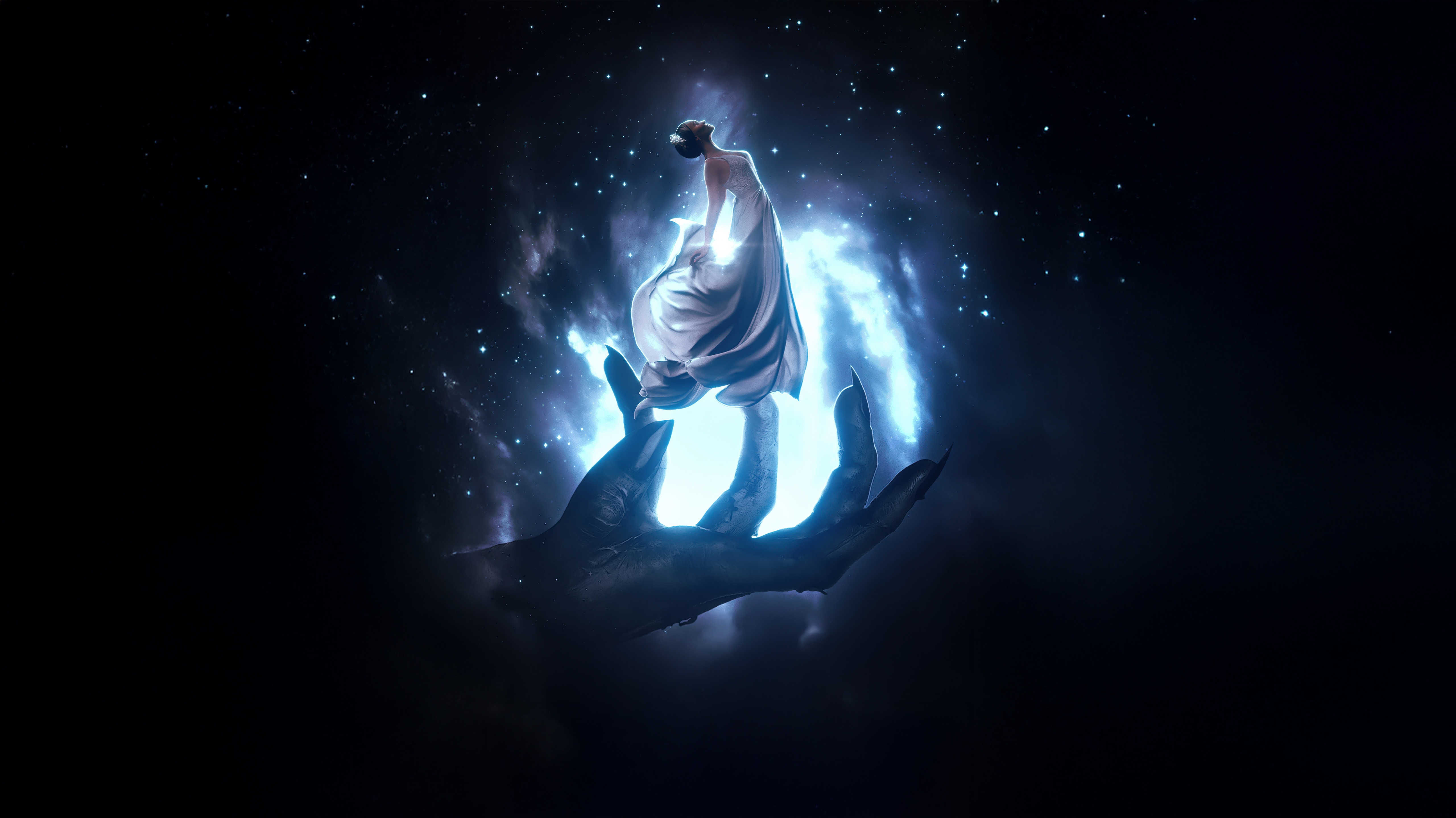 A woman in a white dress levitates above a giant hand HD Wallpaper