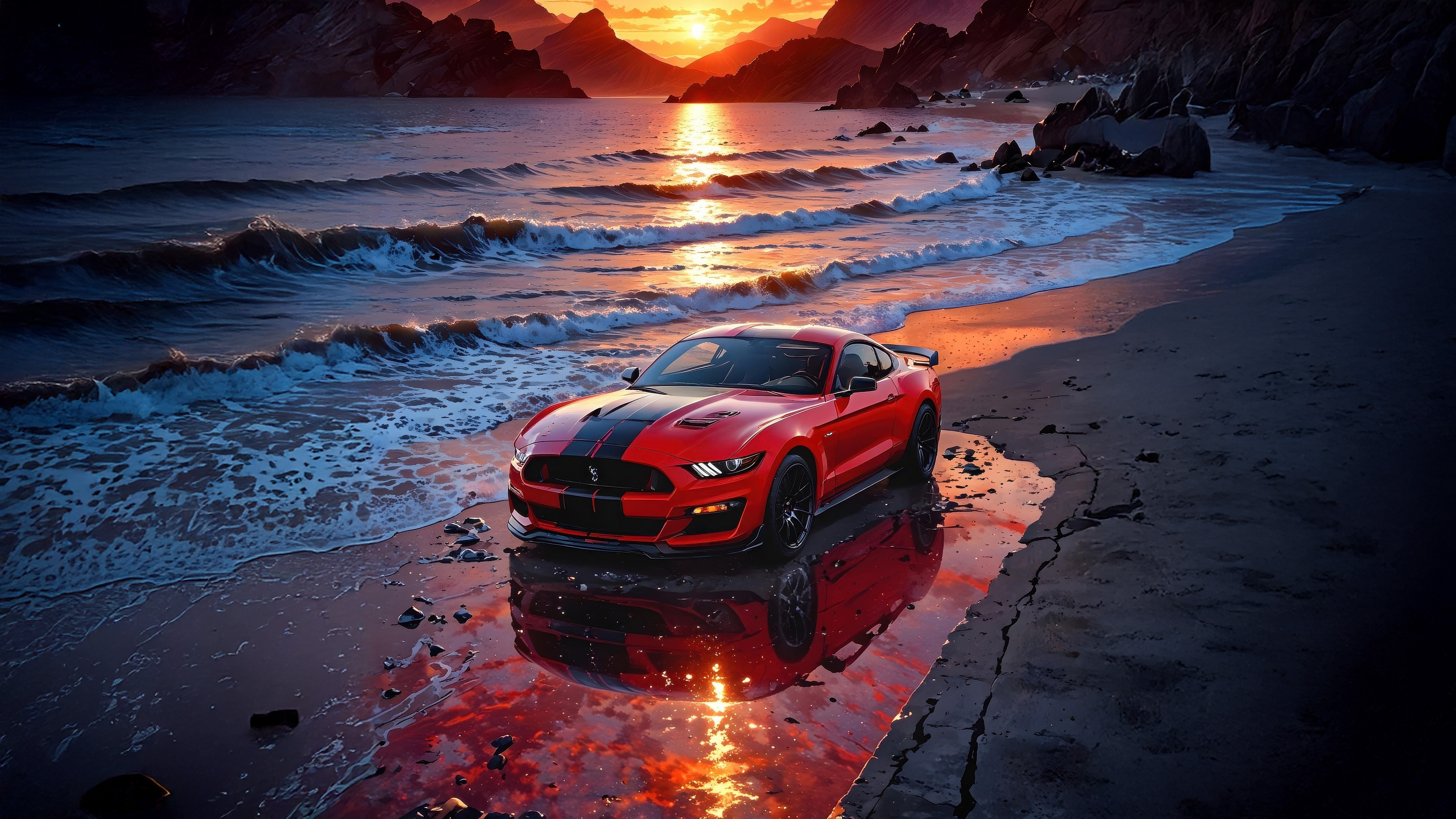 Red Ford Mustang on a Beach at Sunset HD Wallpaper