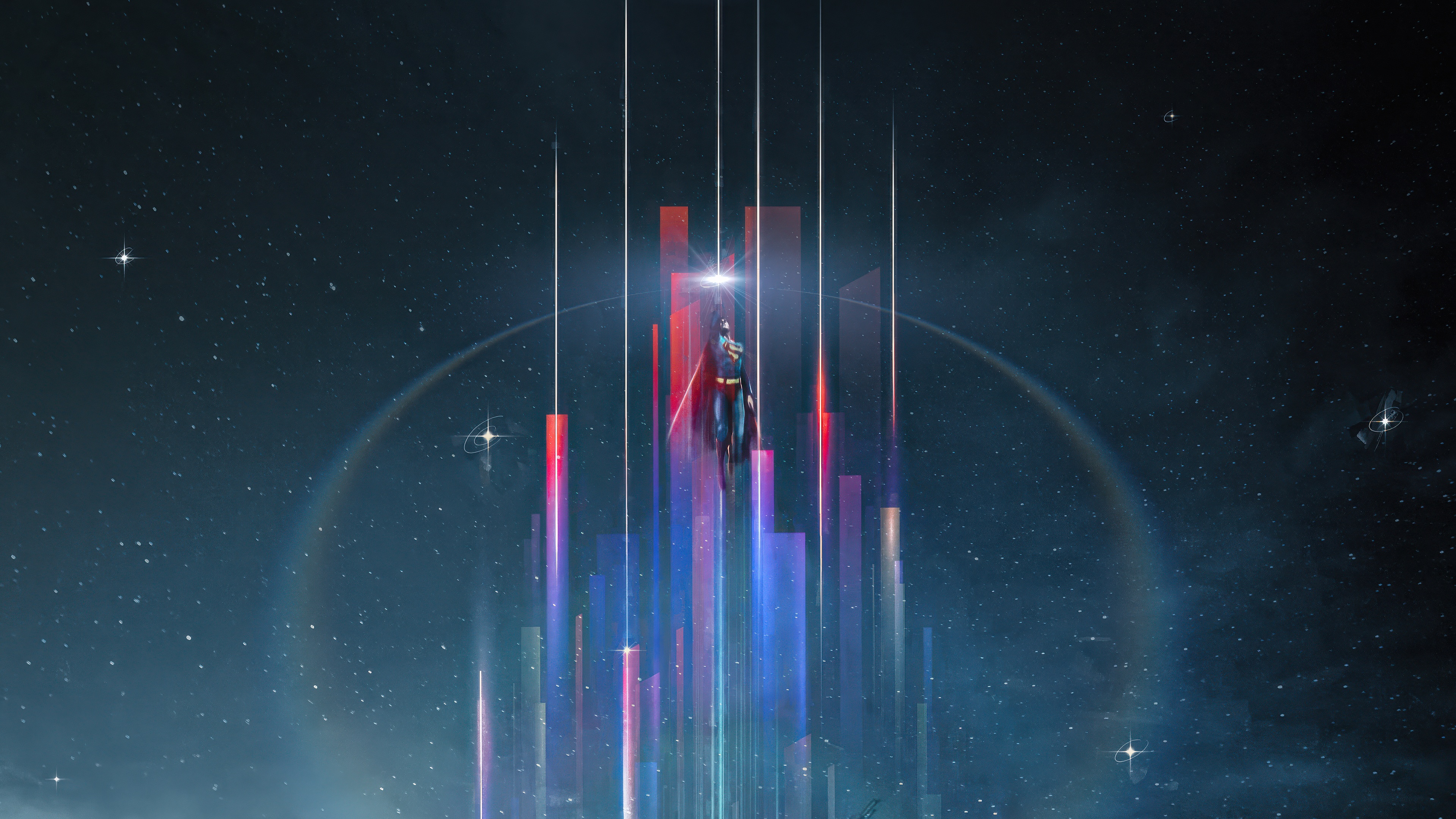 Superman Flying Upwards Through Abstract Cityscape in Space HD Wallpaper