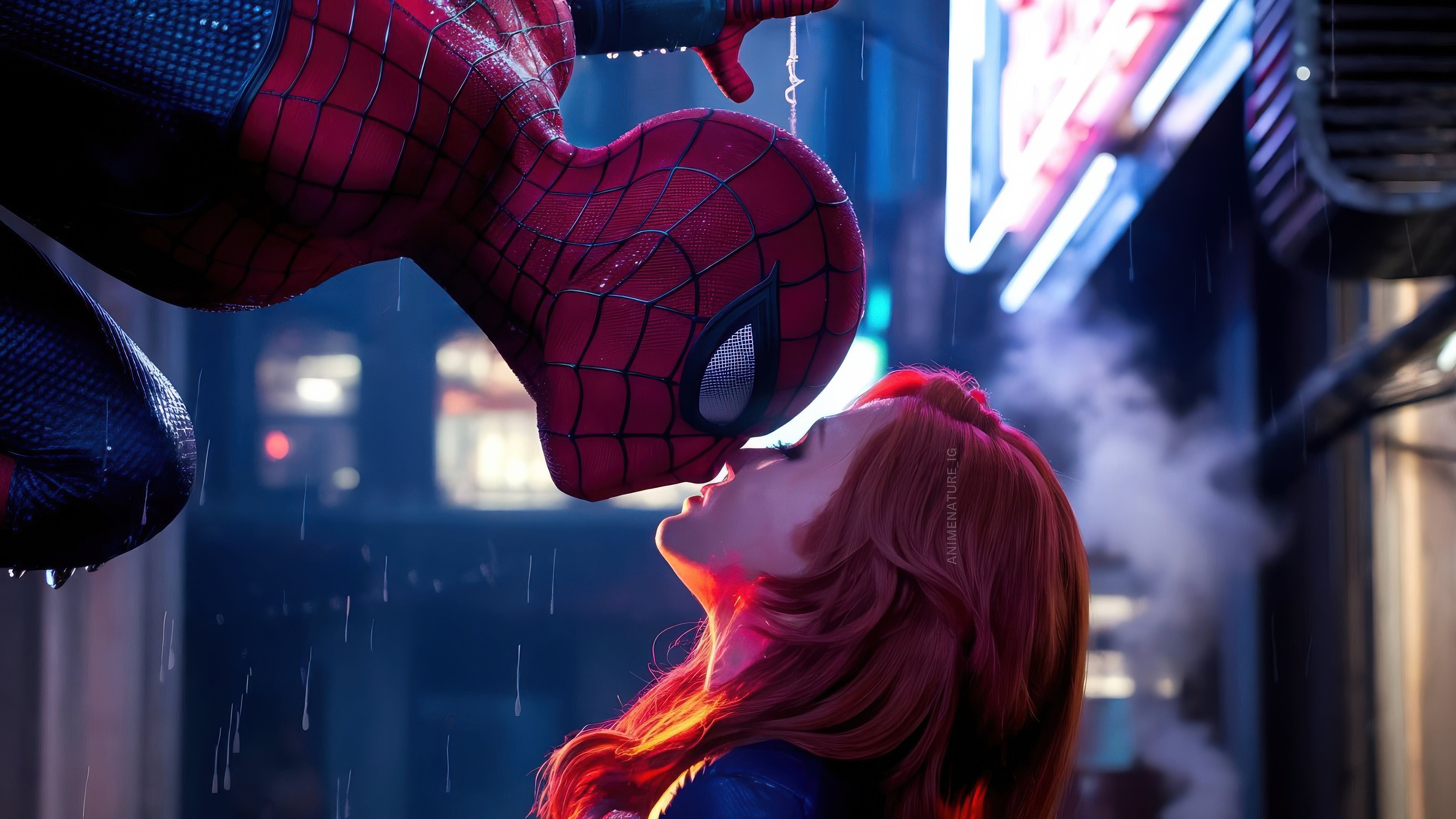 Spider-Man and Gwen Stacy kissing in the rain HD Wallpaper