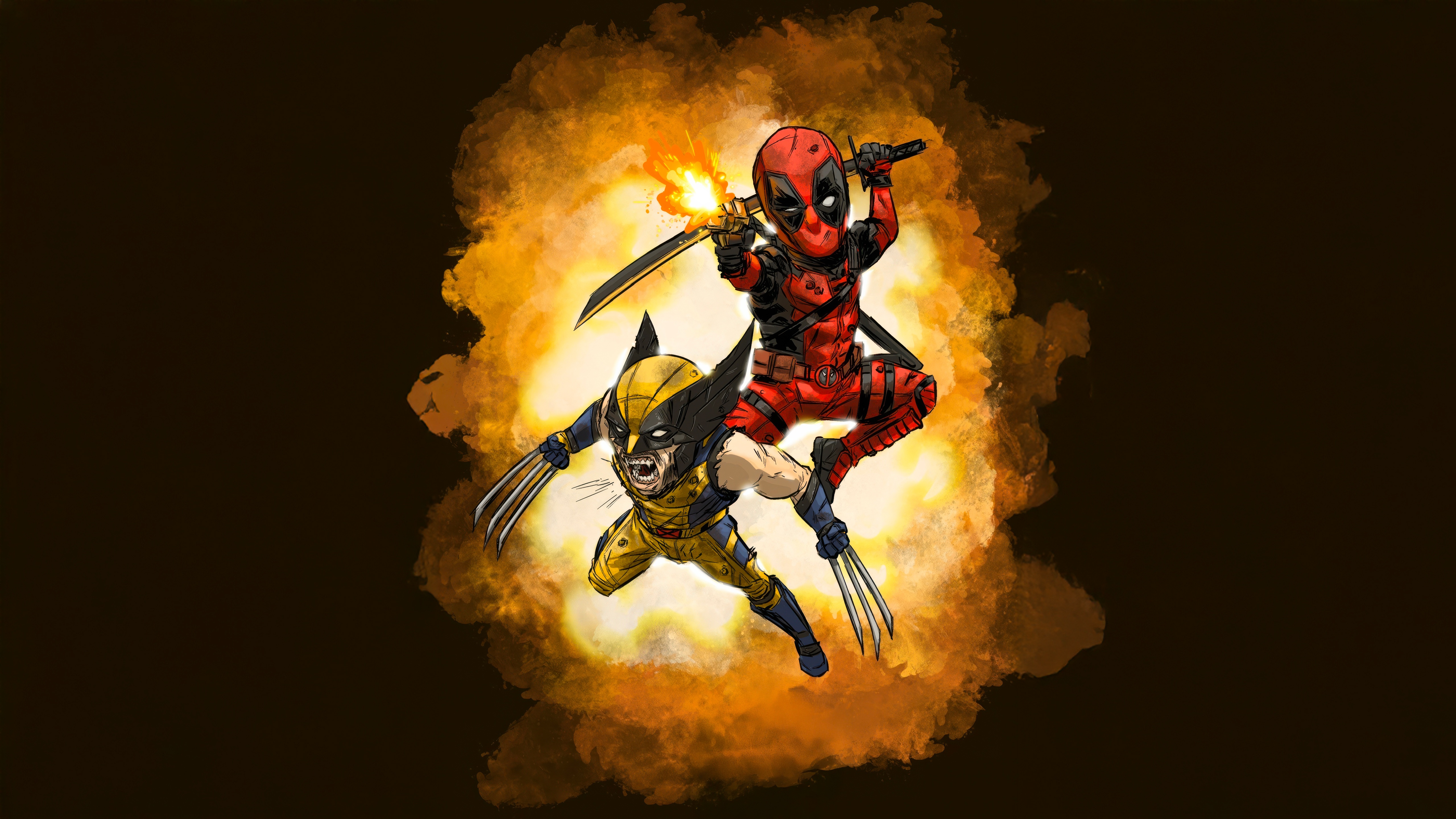Deadpool and Wolverine in an explosion HD Wallpaper