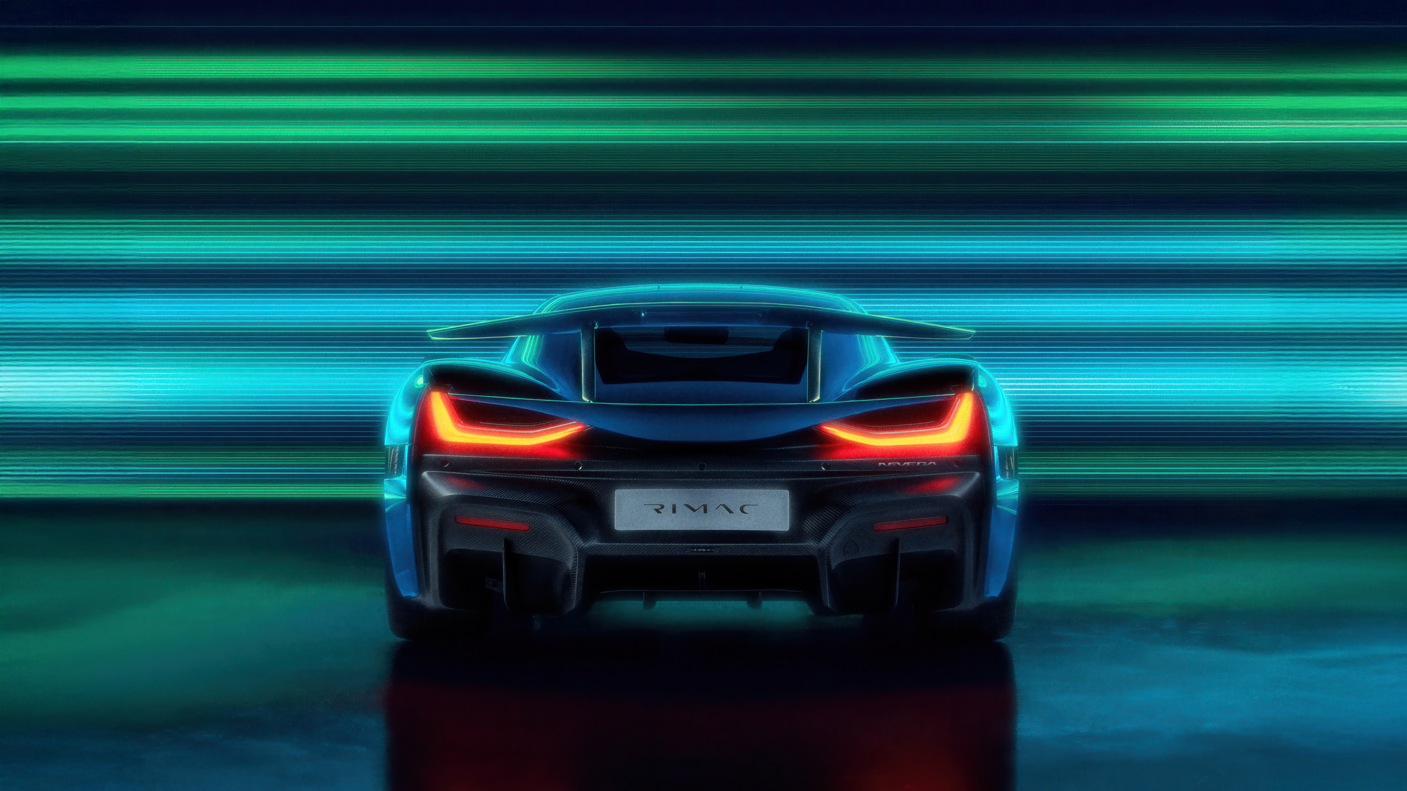 Rimac Nevera rear view with neon background HD Wallpaper