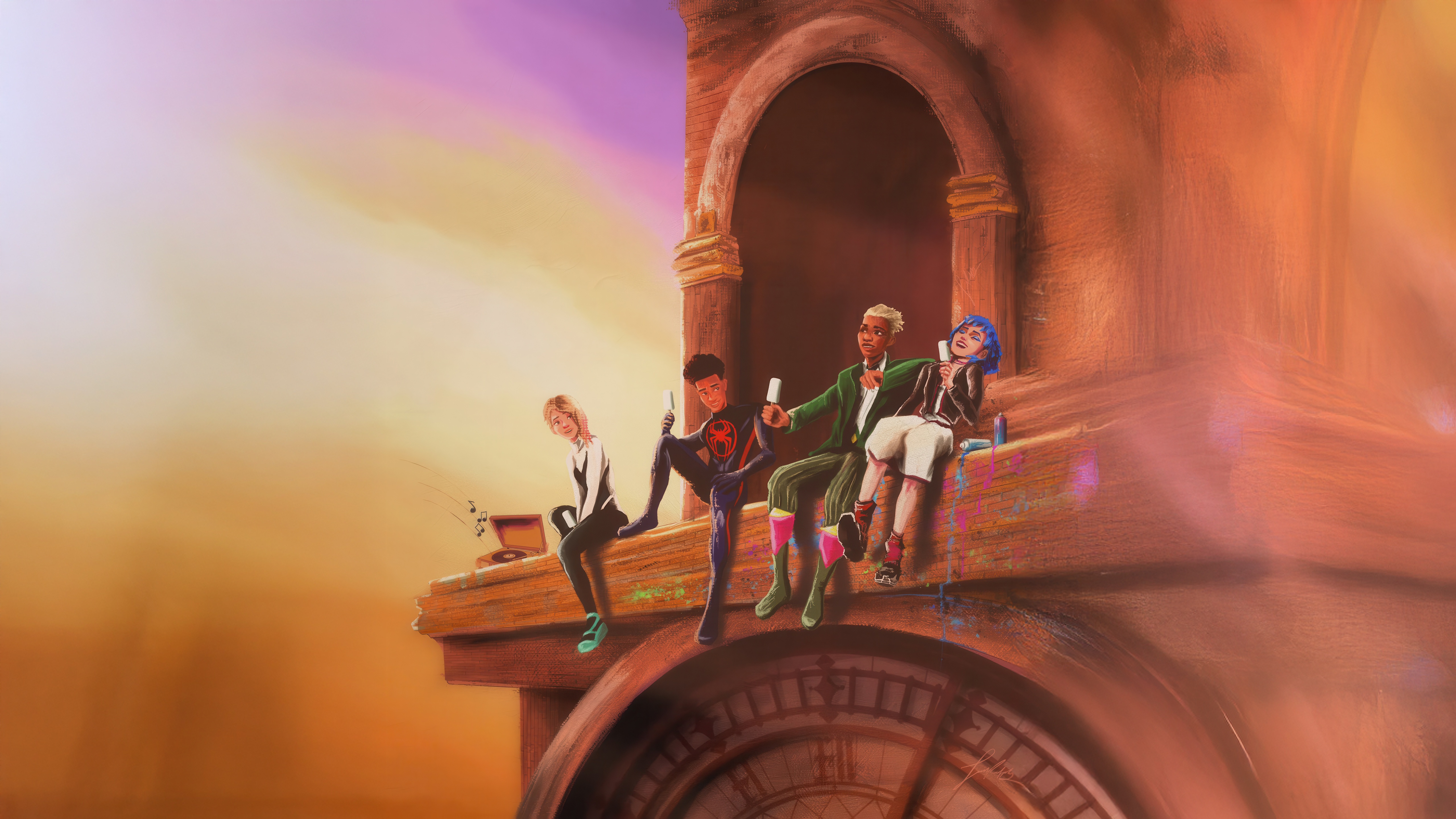 Arcane and Spider-Verse Characters Sitting Together HD Wallpaper