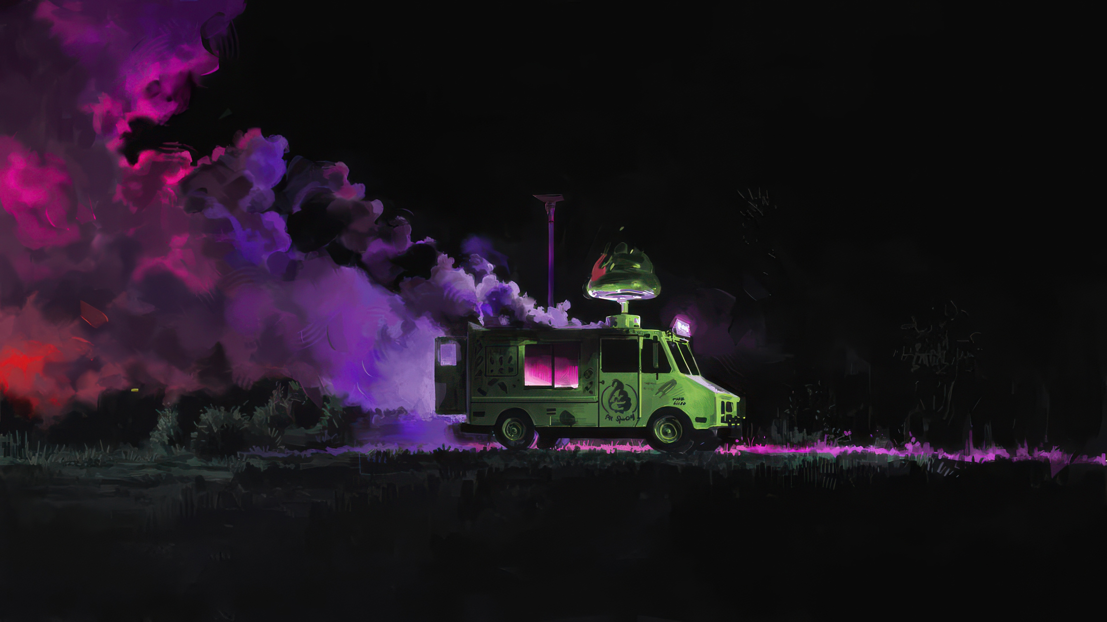 Cyberpunk Food Wagon with Purple Smoke HD Wallpaper
