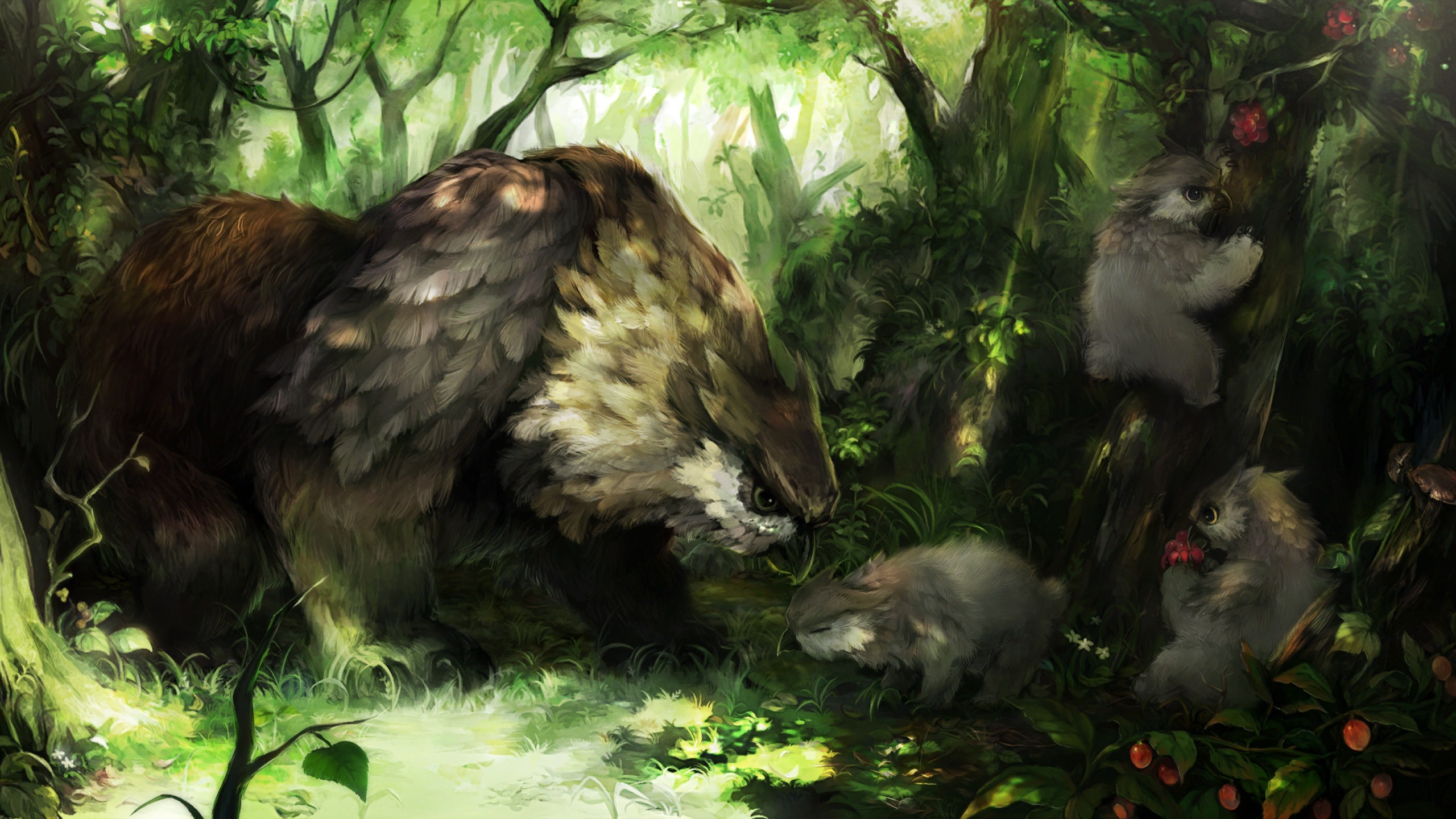 Fantasy art owlbear with cubs in forest HD Wallpaper