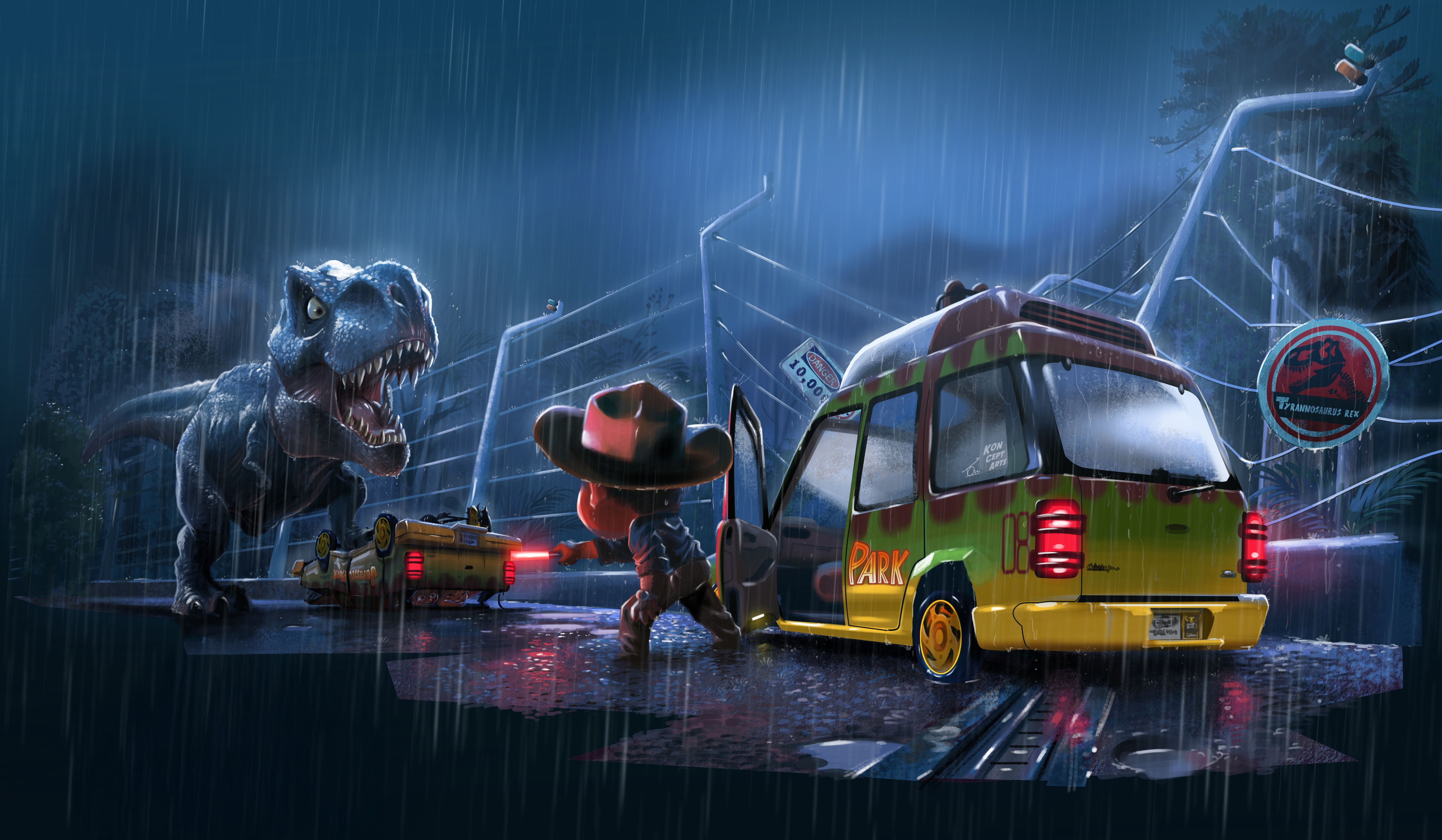 Jurassic Park Adventure in the Rain HD Wallpaper
