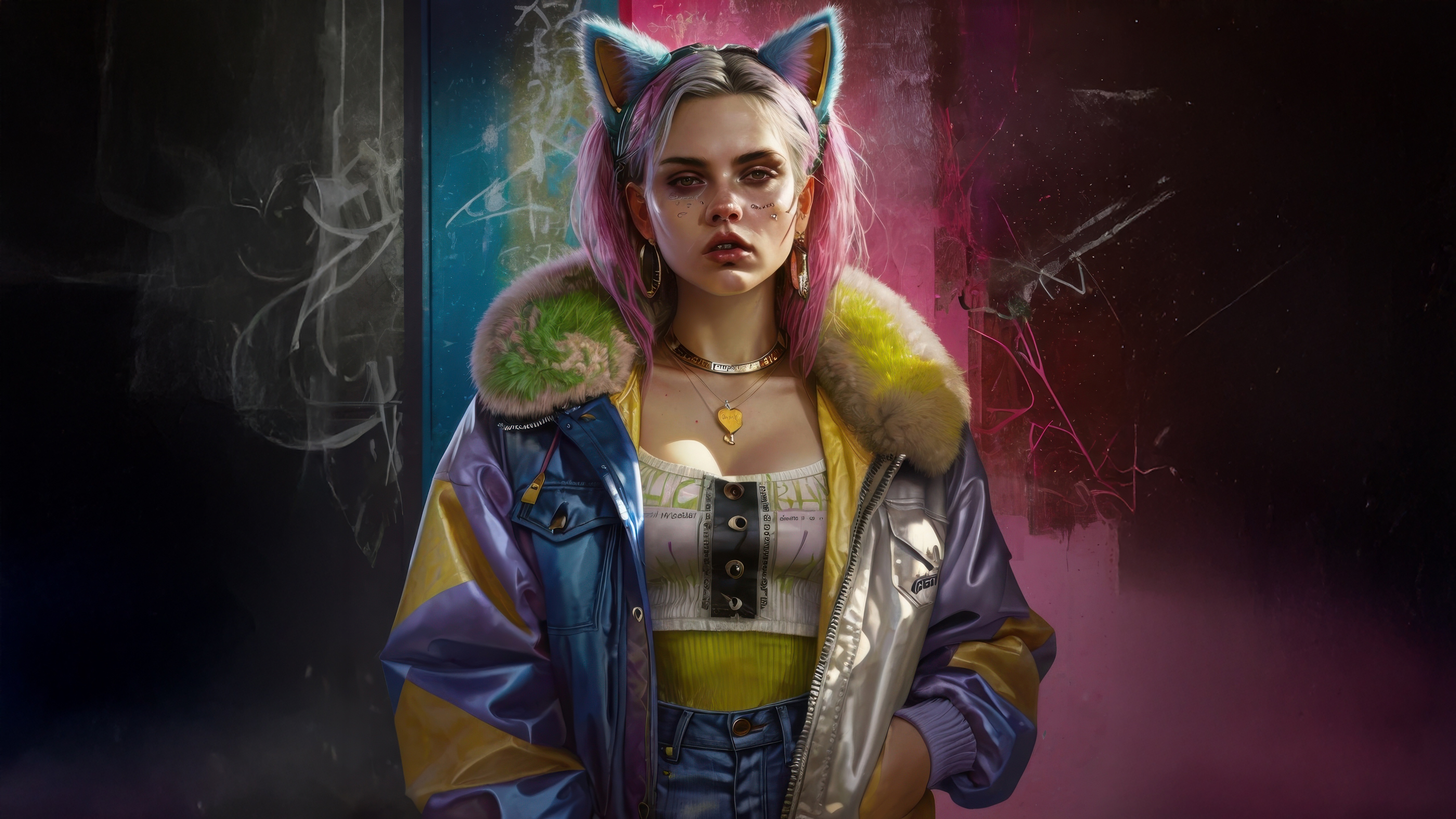 Cyberpunk Neon Cat Girl with Pink Hair HD Wallpaper
