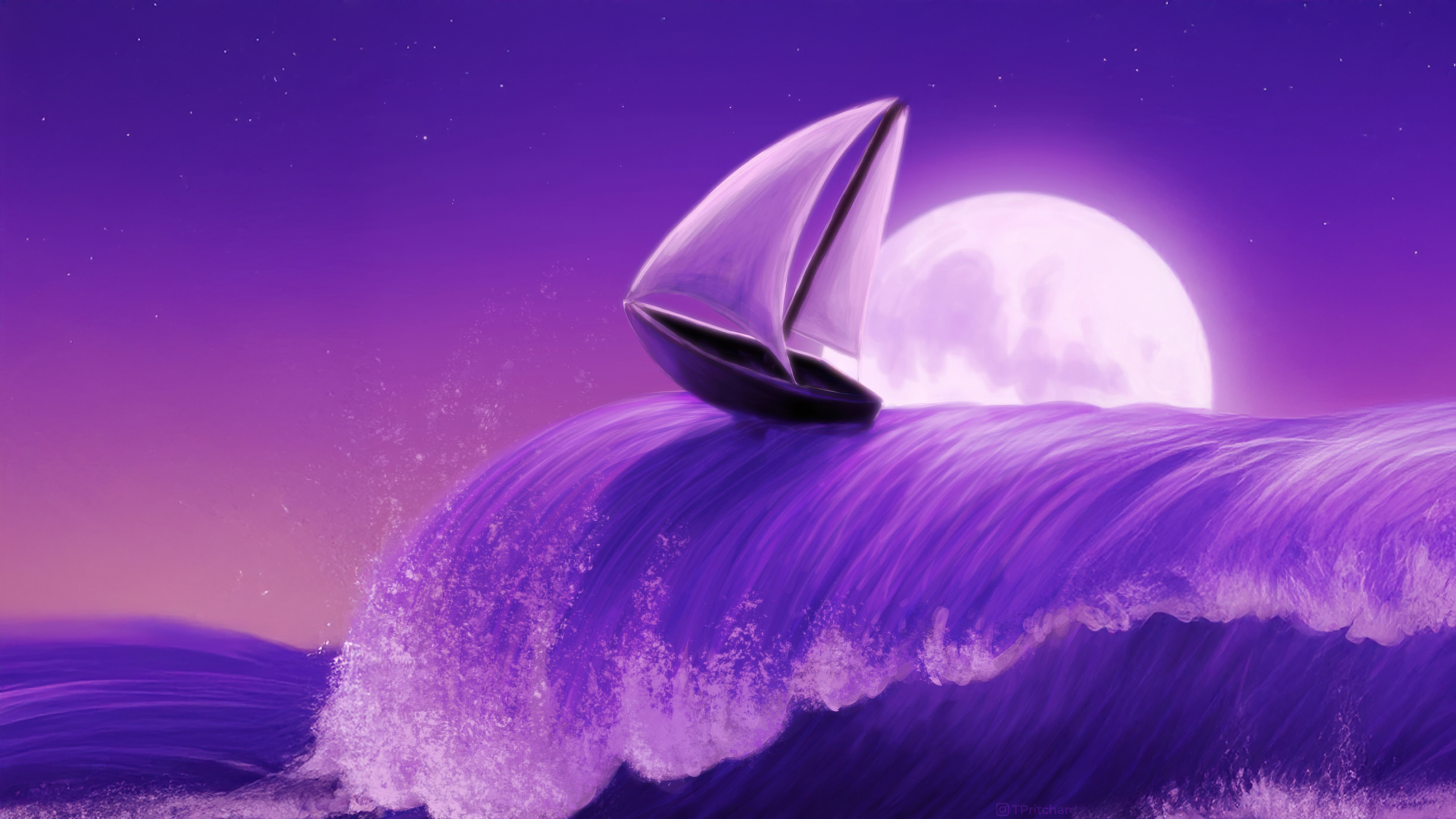 Sailboat riding a purple wave under a large moon HD Wallpaper