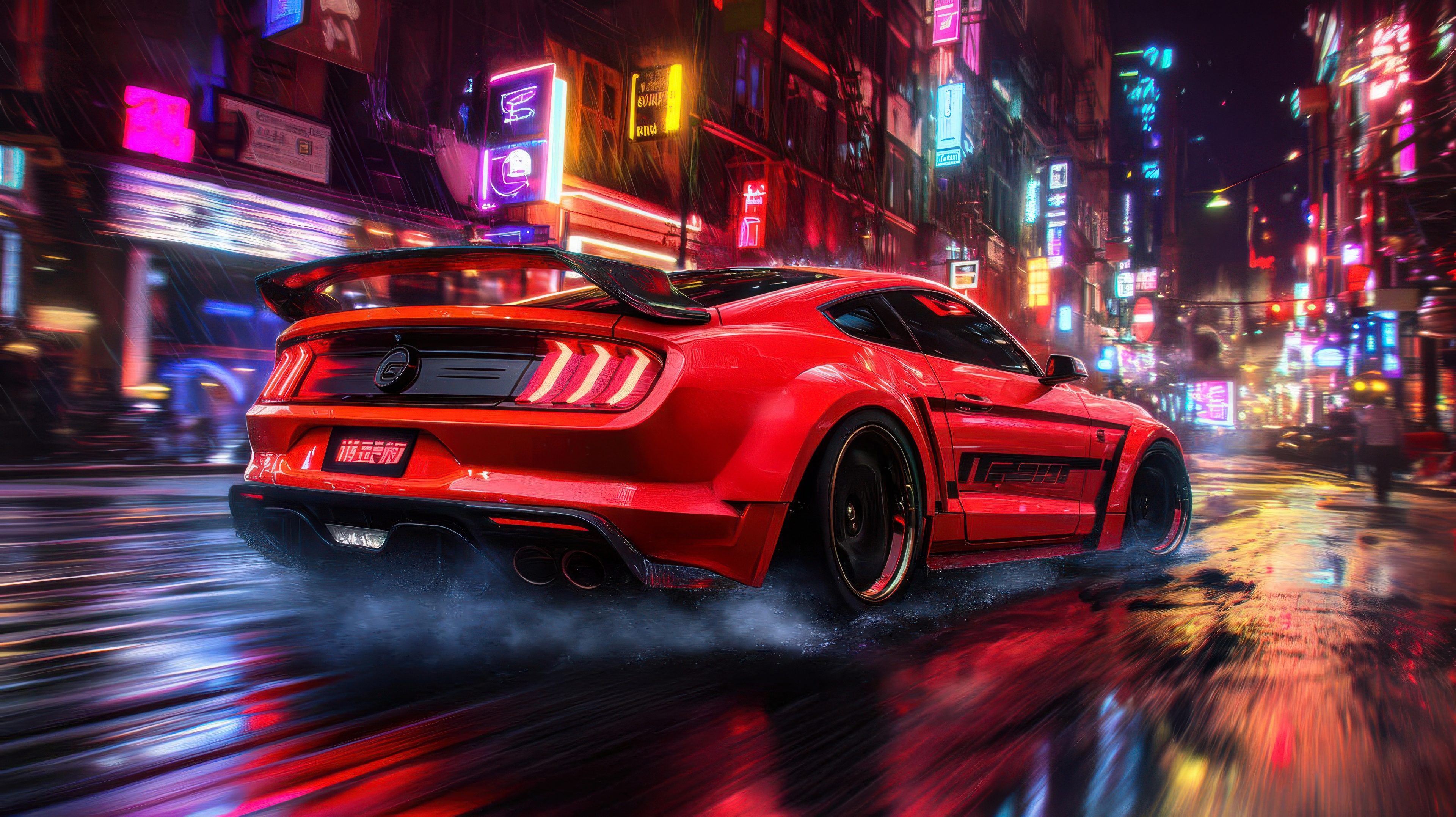 Red Mustang on a Neon Street HD Wallpaper