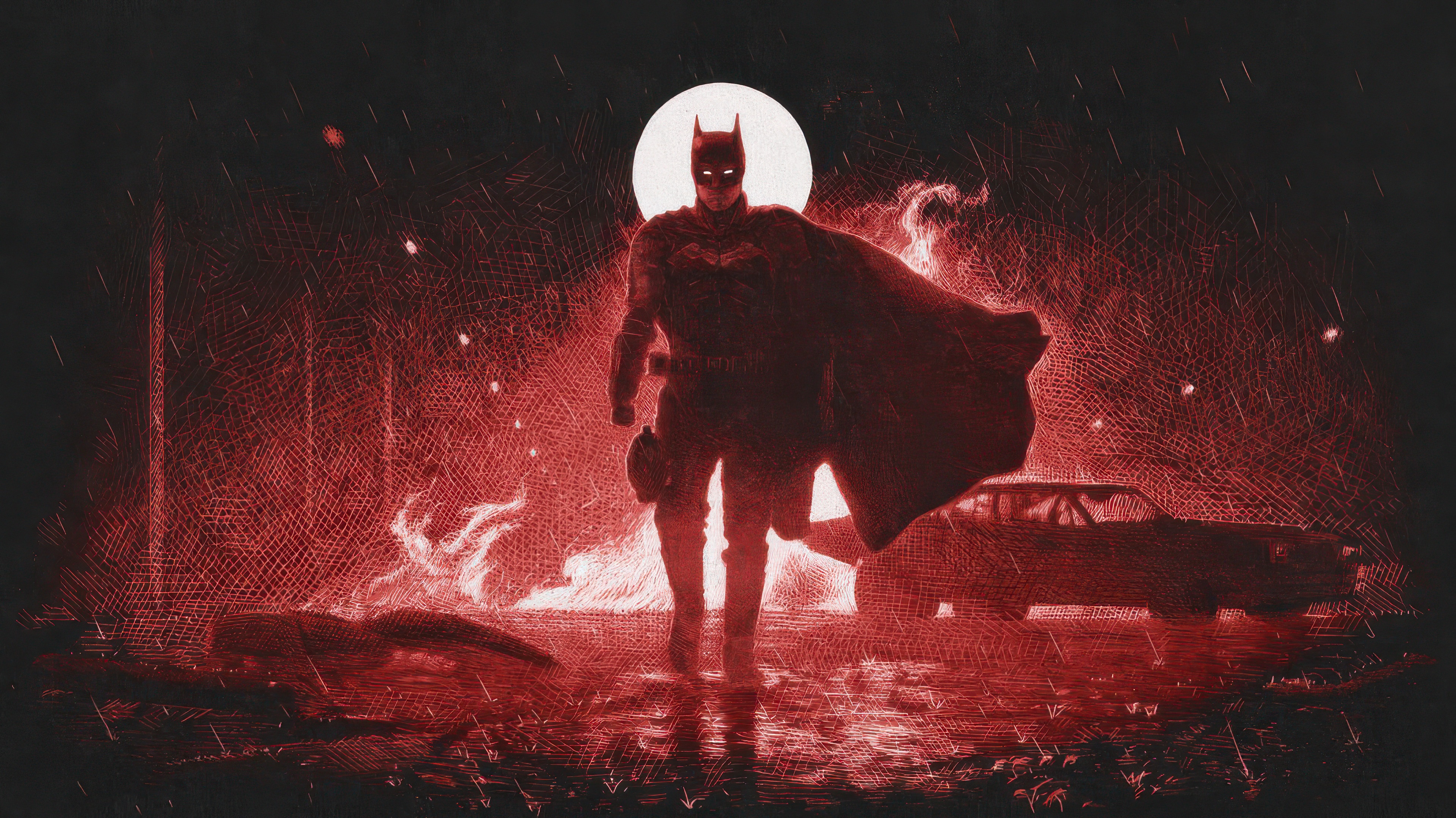 Batman Standing in Red Light with Moon HD Wallpaper
