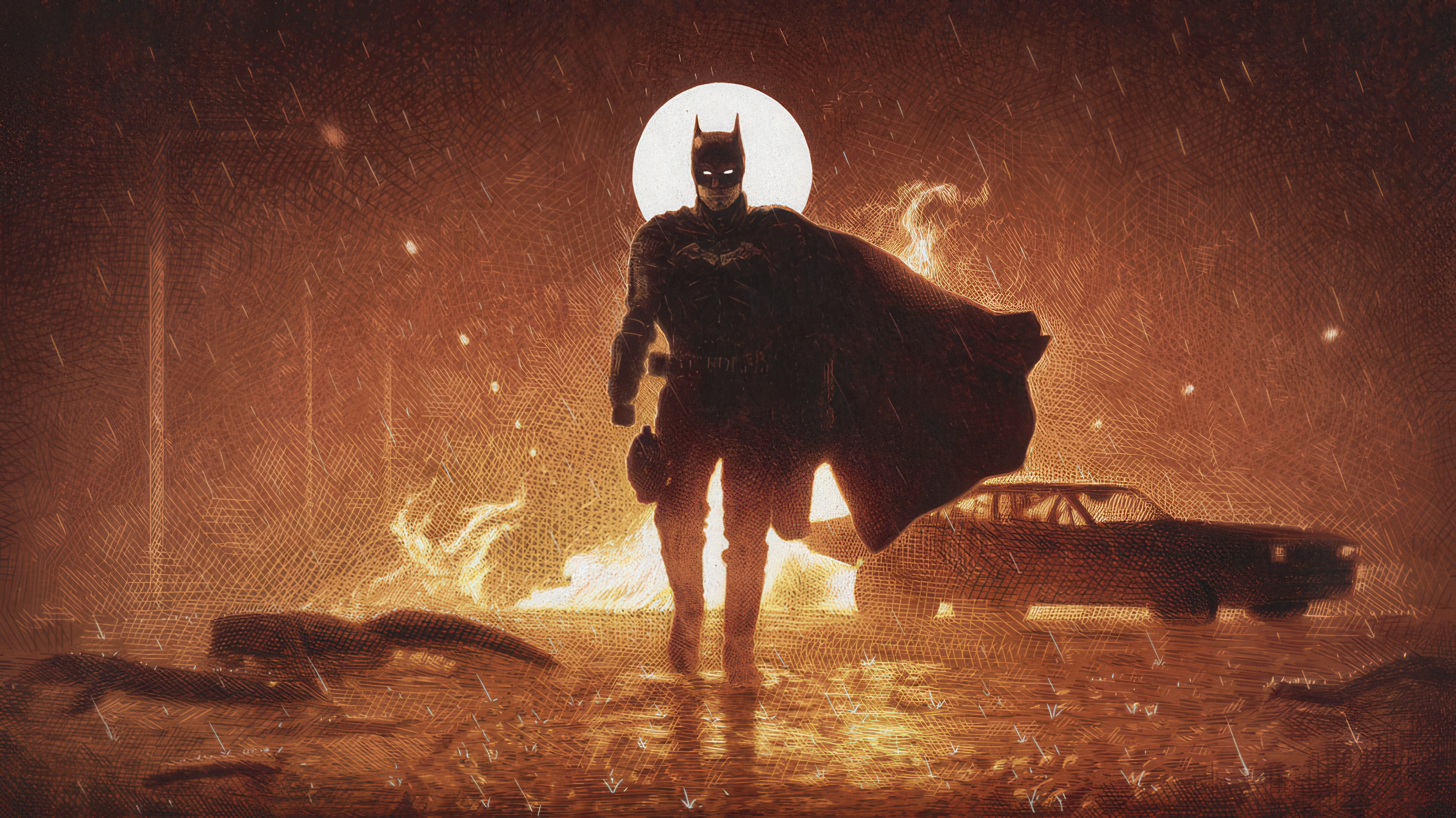 Batman in a burning, rainy city HD Wallpaper