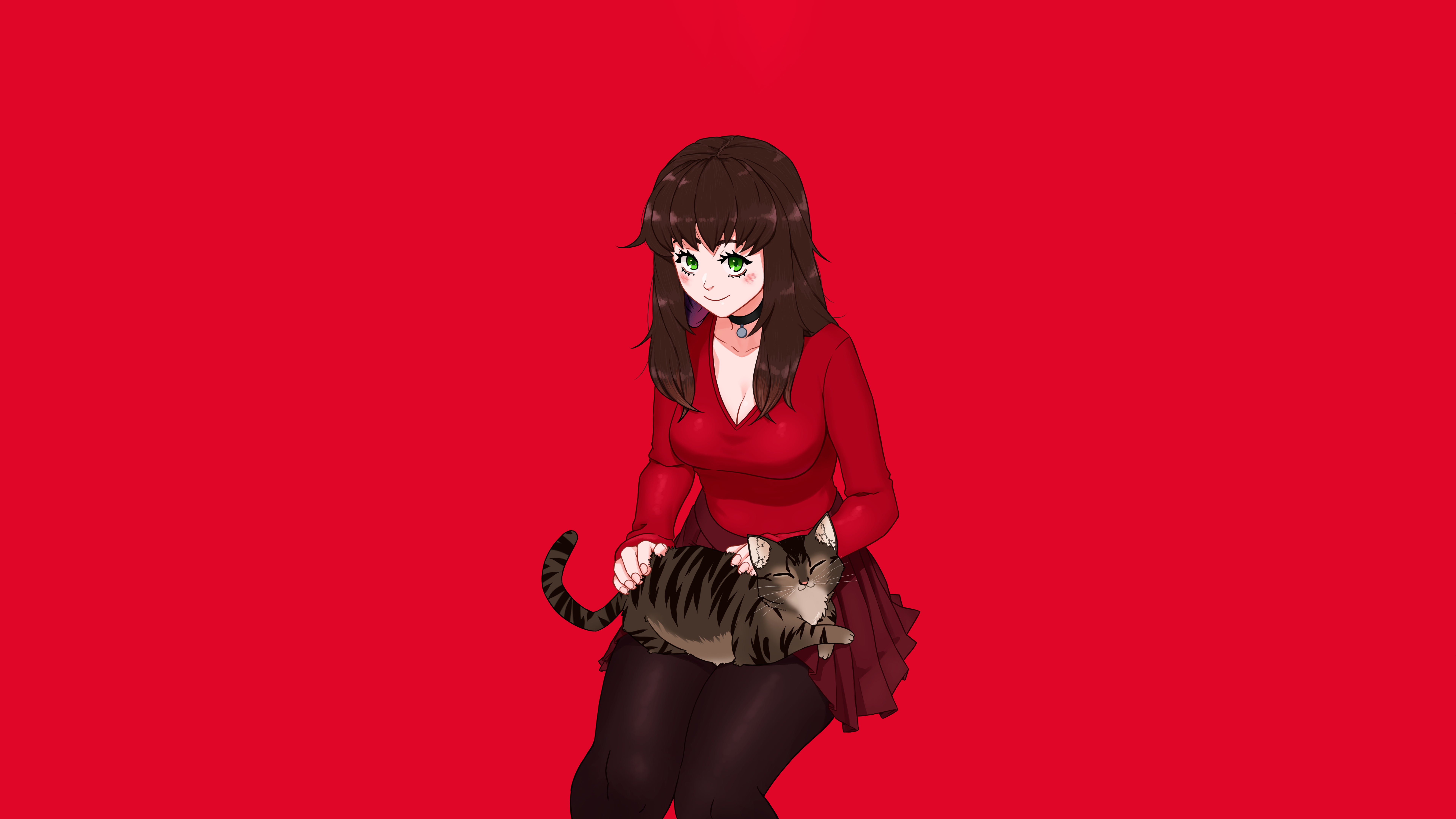 Anime Girl With Her Cat Friend HD Wallpaper