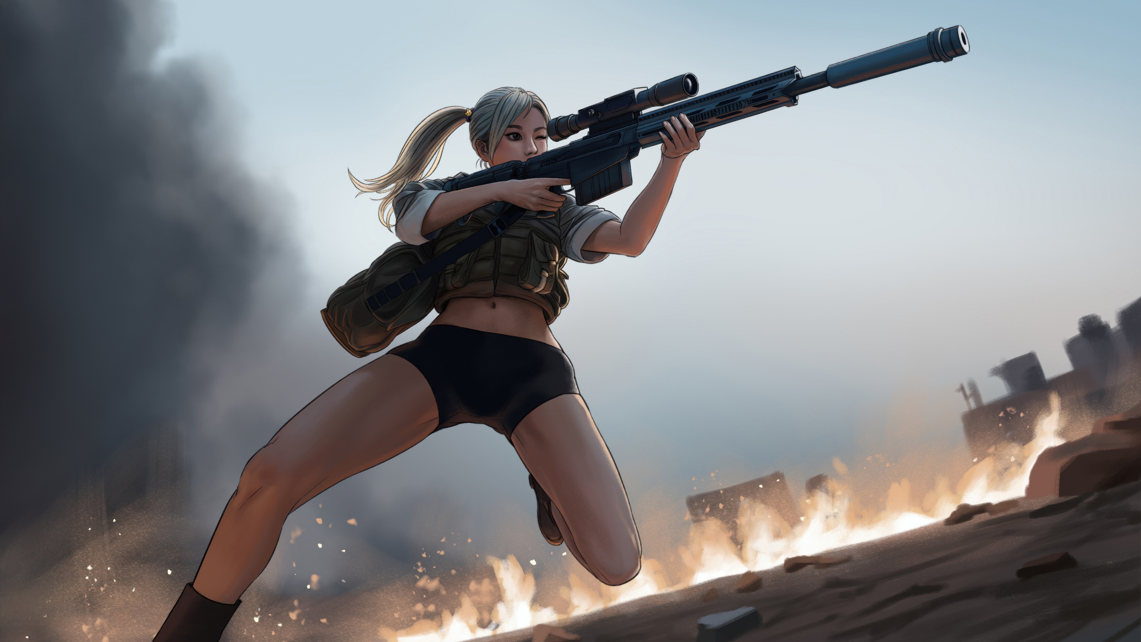 Sniper Girl in Action with Rifle HD Wallpaper