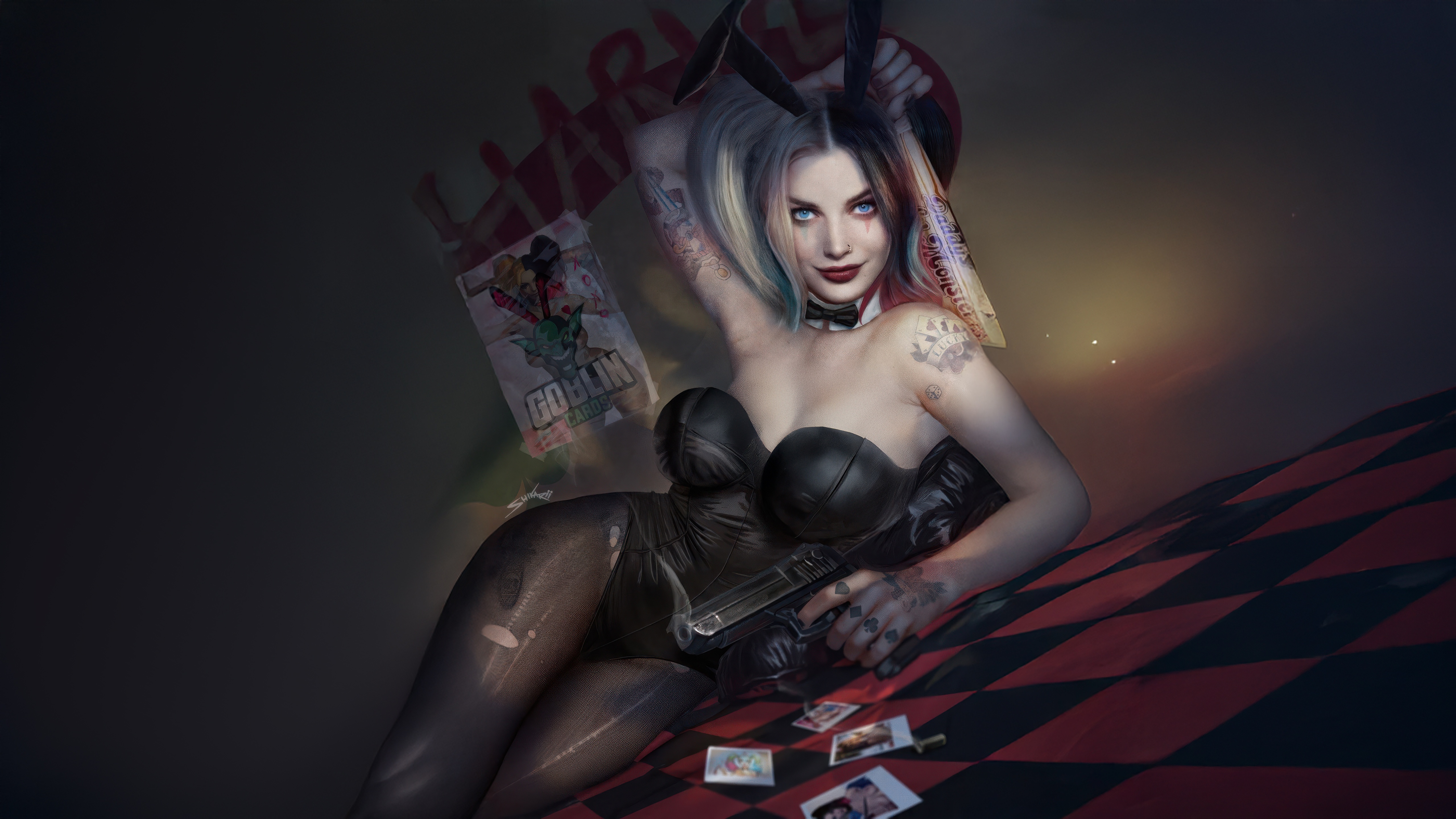 Harley Quinn in a bunny costume with a baseball bat HD Wallpaper