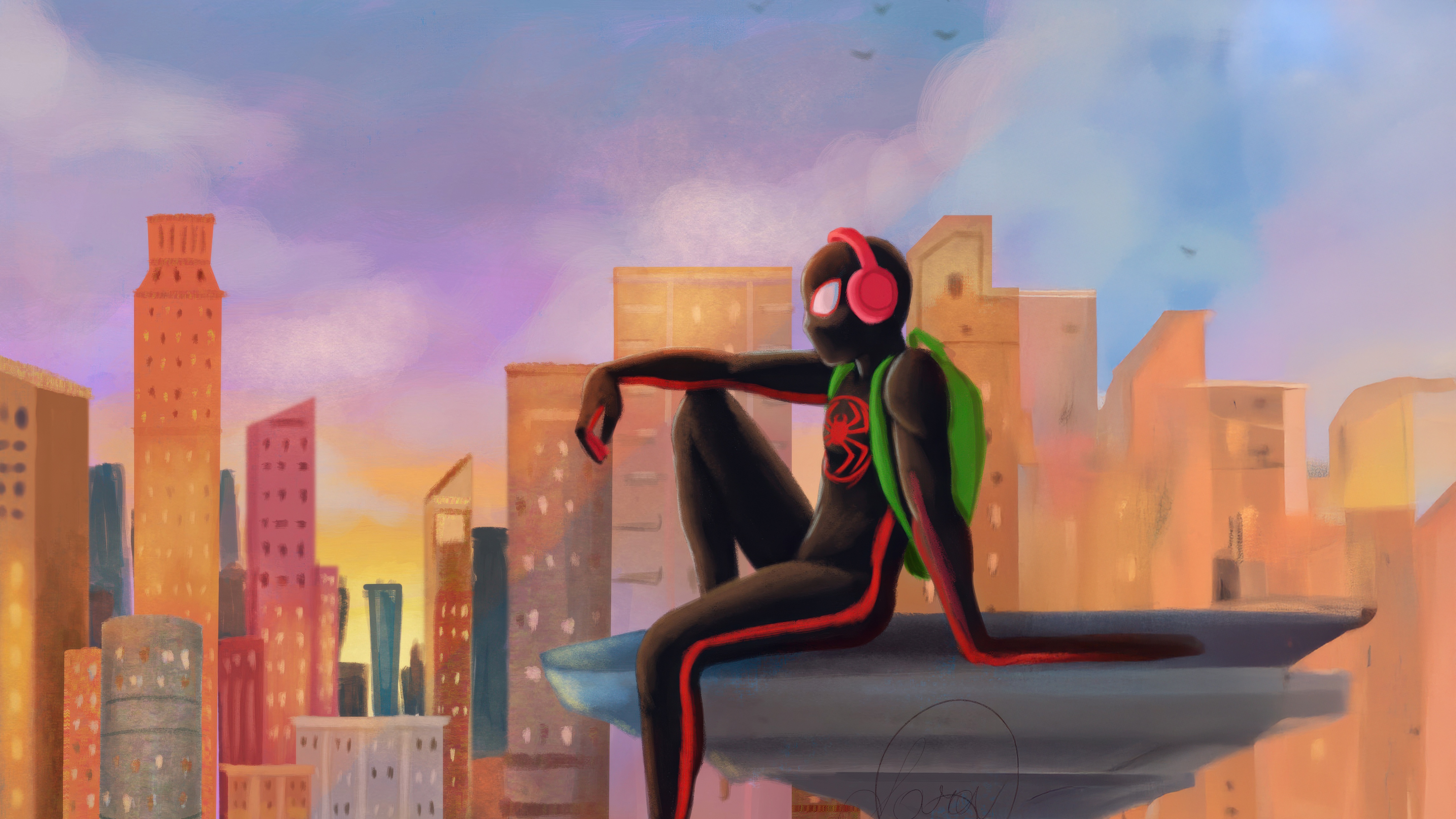 Miles Morales sitting on a ledge overlooking a city HD Wallpaper