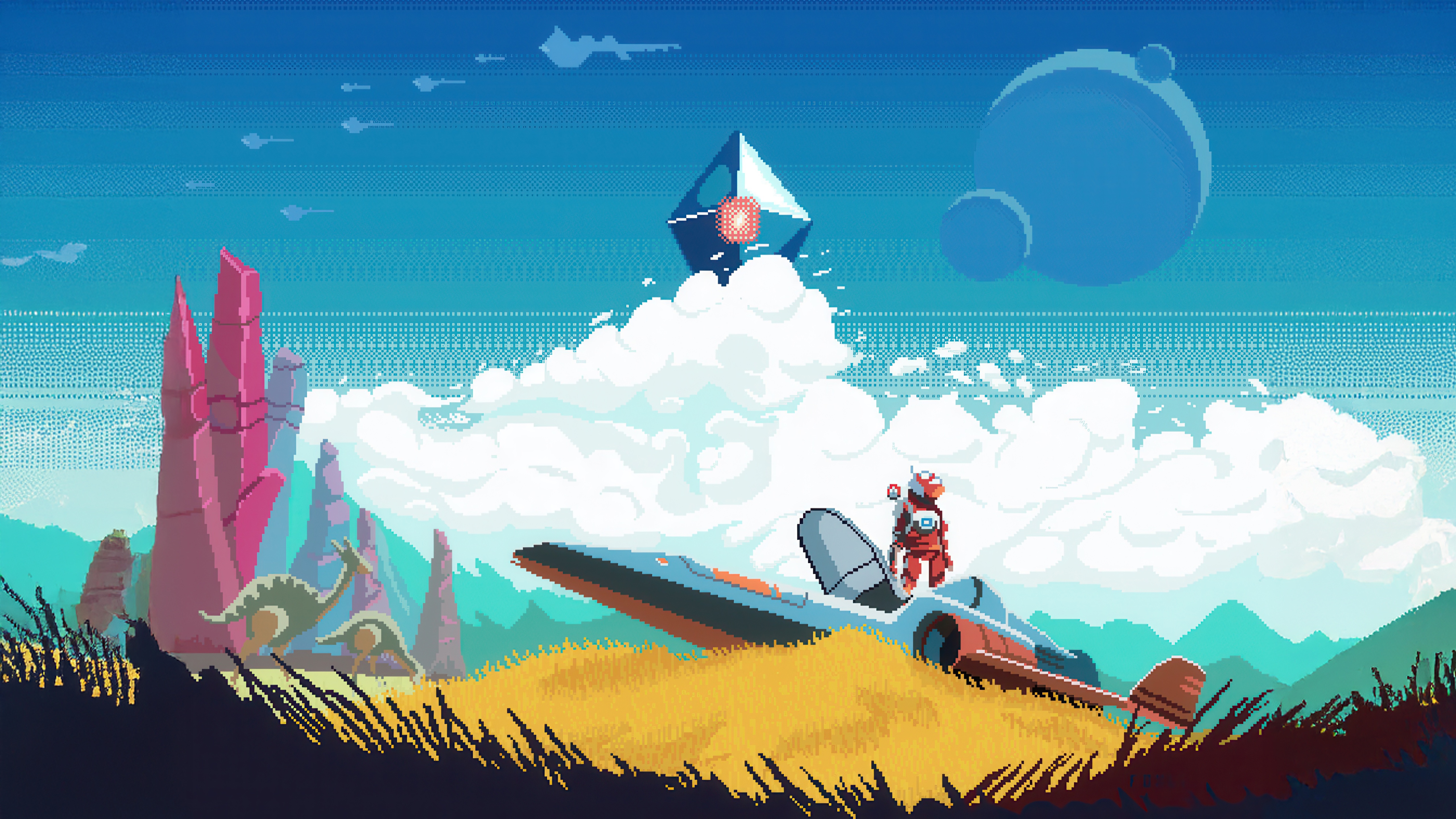 No Man's Sky alien landscape with explorer and ship HD Wallpaper