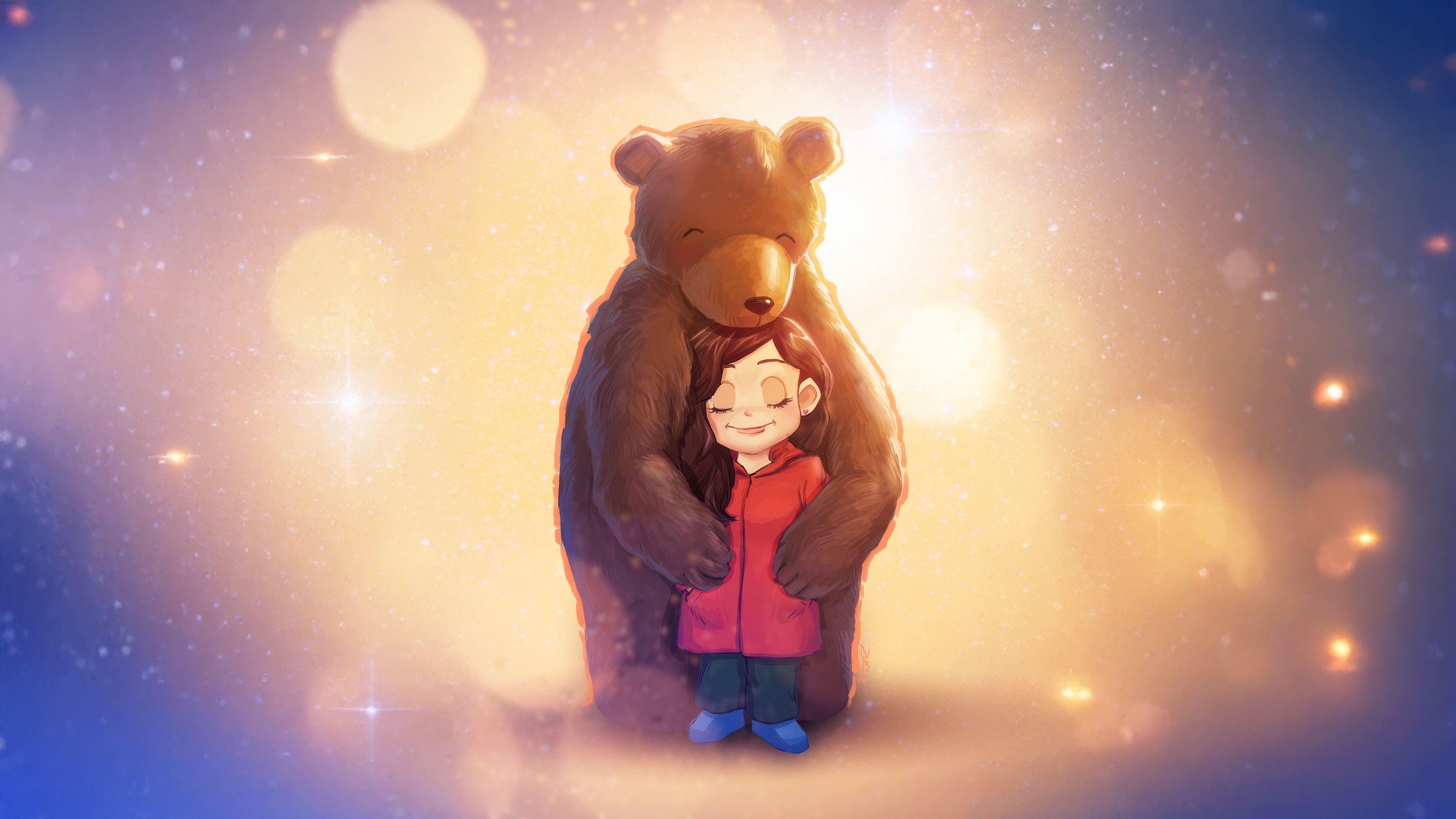 A girl and her gentle bear hugging HD Wallpaper