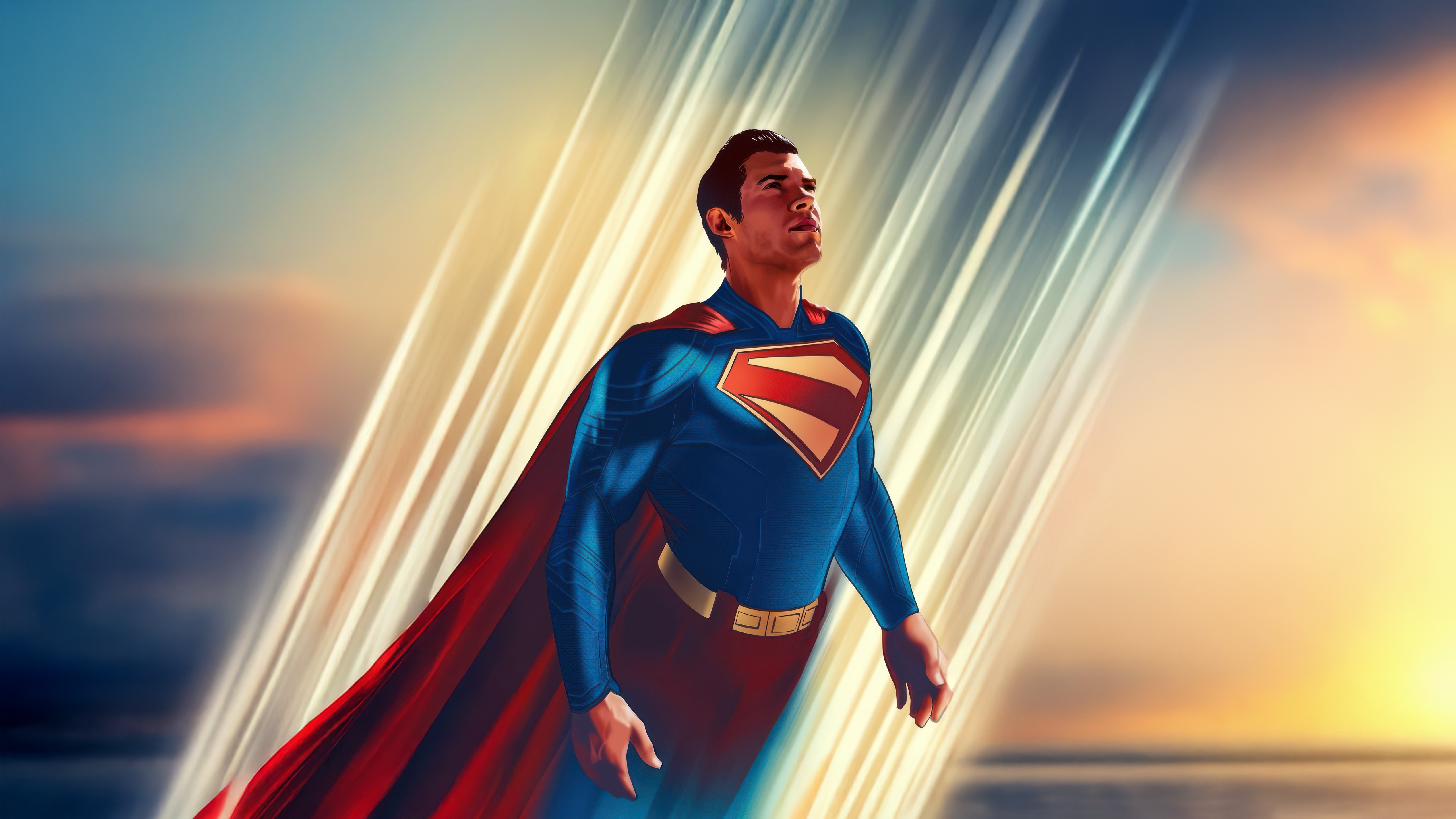 Superman flying with cape and S-shield HD Wallpaper