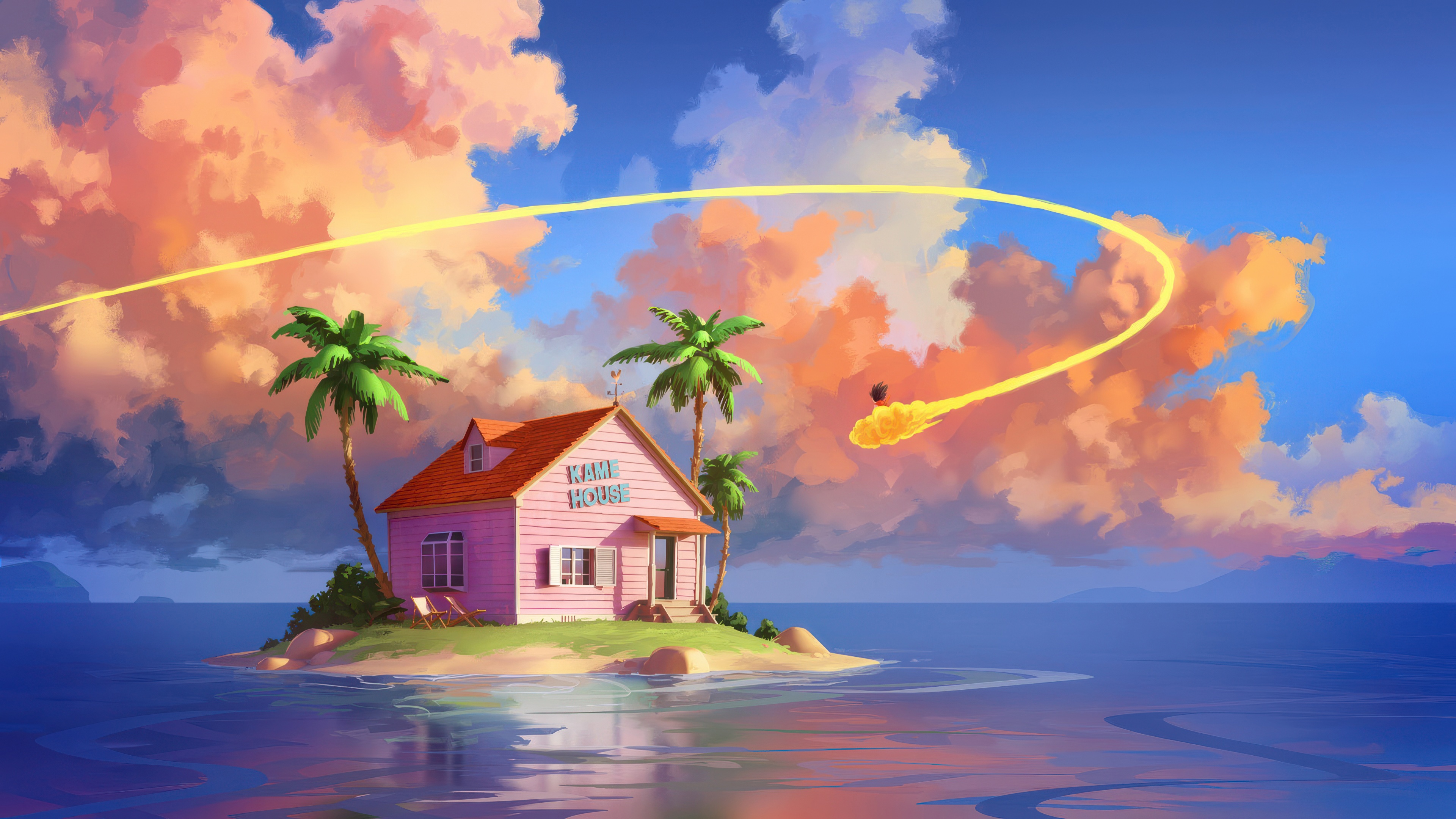 Dragon Ball Kame House with Goku flying HD Wallpaper