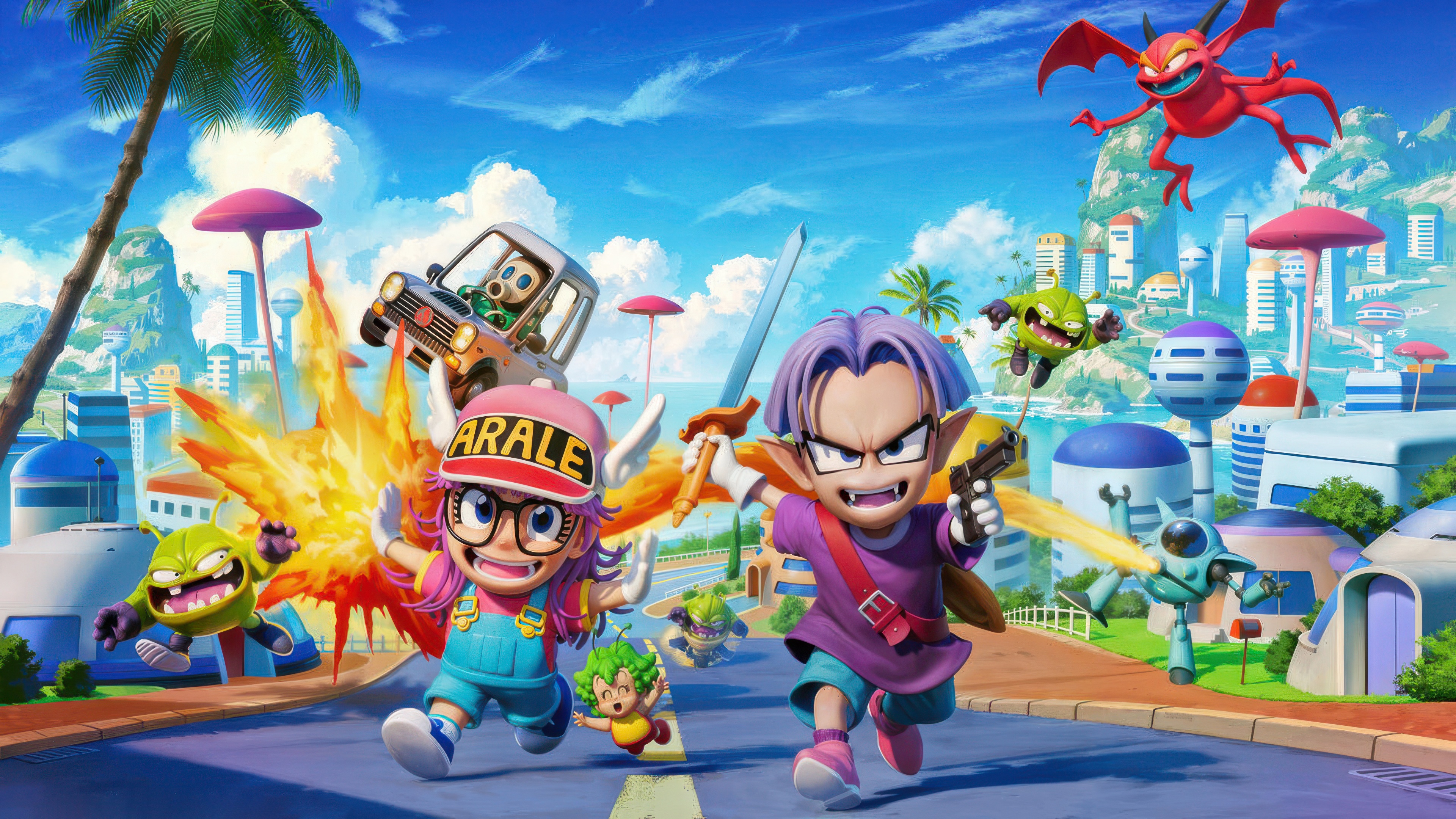 Arale and Trunks in a city with aliens and robots HD Wallpaper