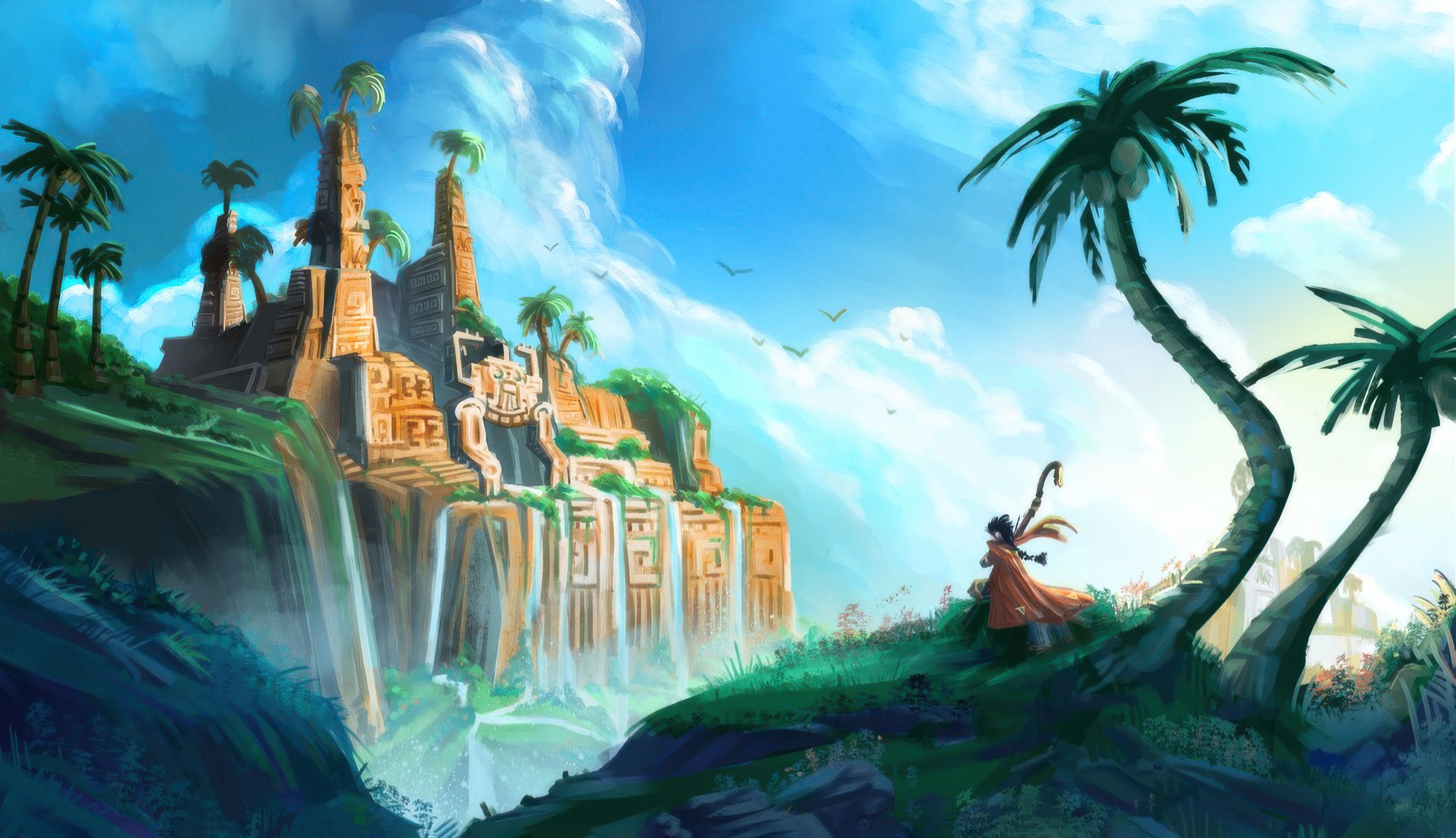 Ancient Jungle Ruins with Waterfalls and a Traveler HD Wallpaper