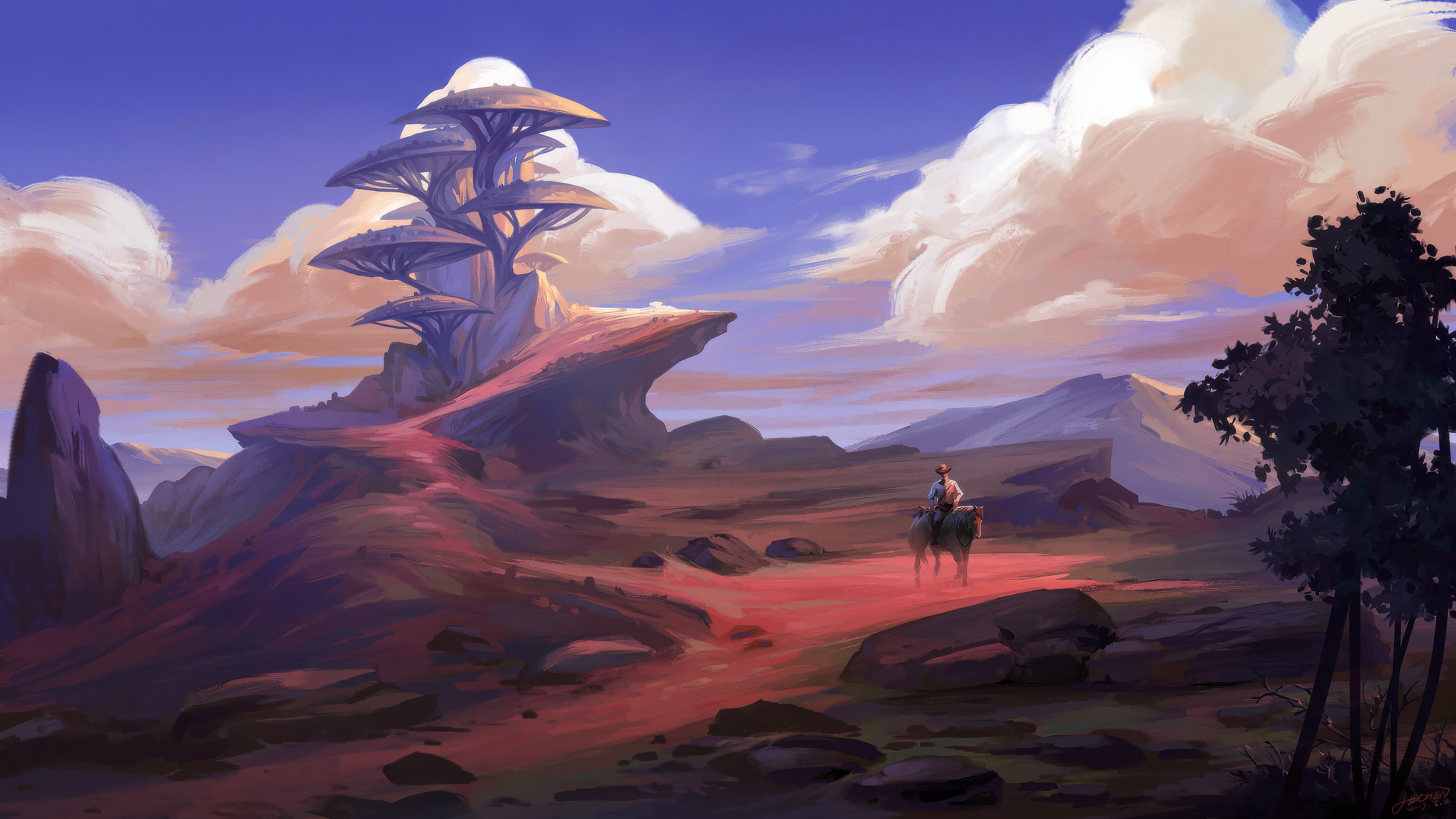 Lone traveler on horseback in a surreal alien landscape HD Wallpaper