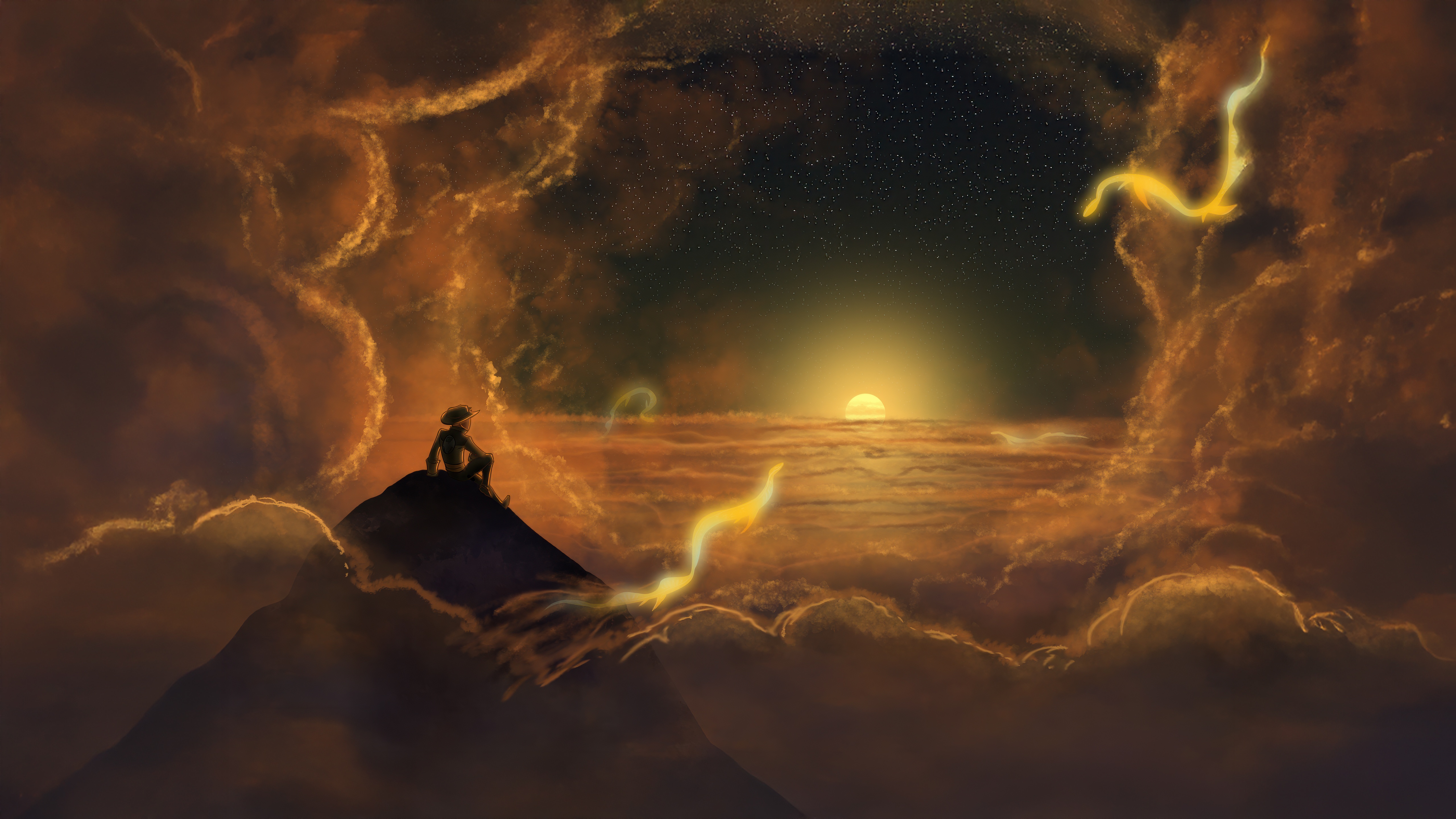 A person sits on a mountain peak surrounded by clouds at sunset HD Wallpaper