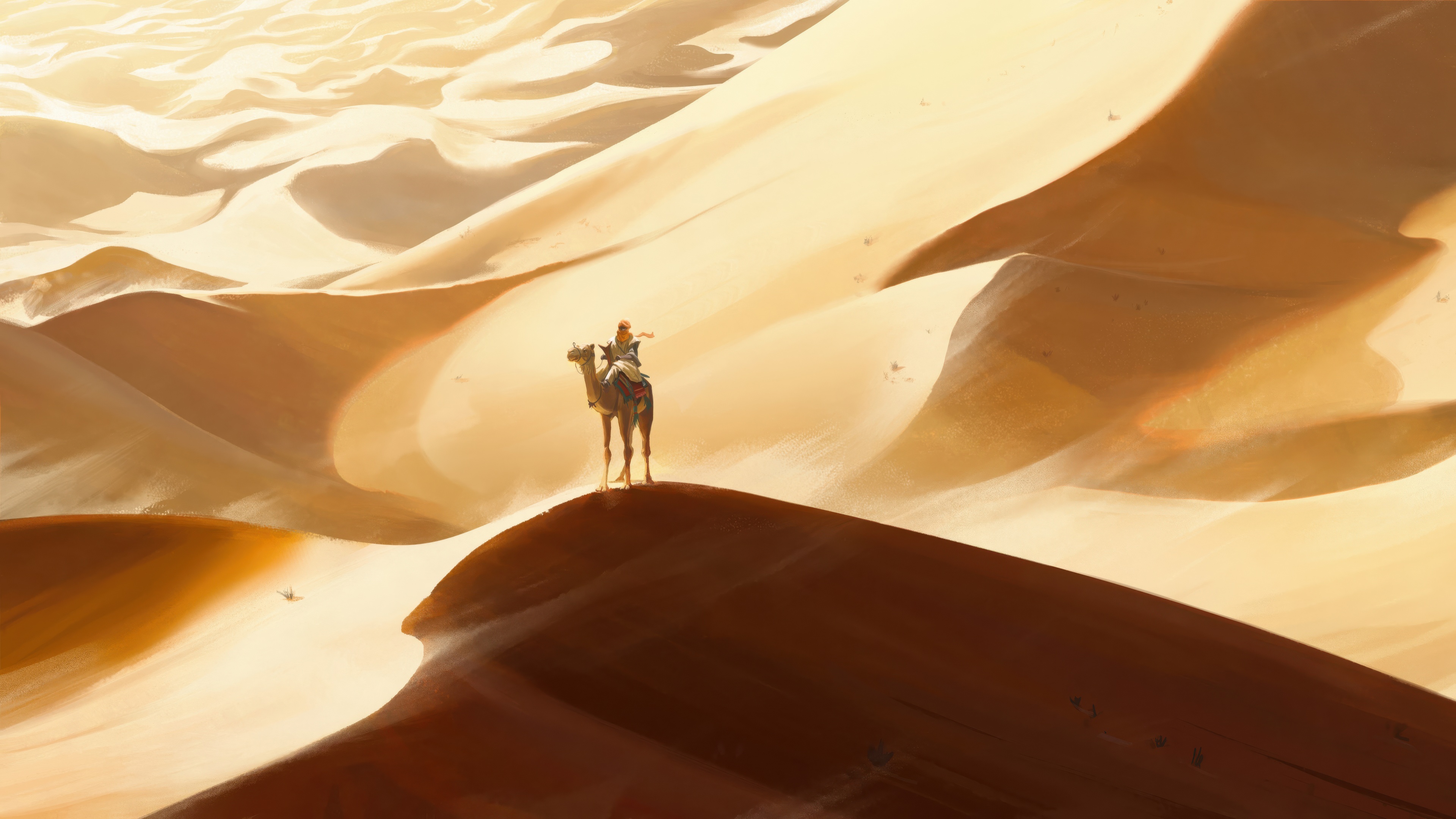 A person rides a camel through desert dunes HD Wallpaper