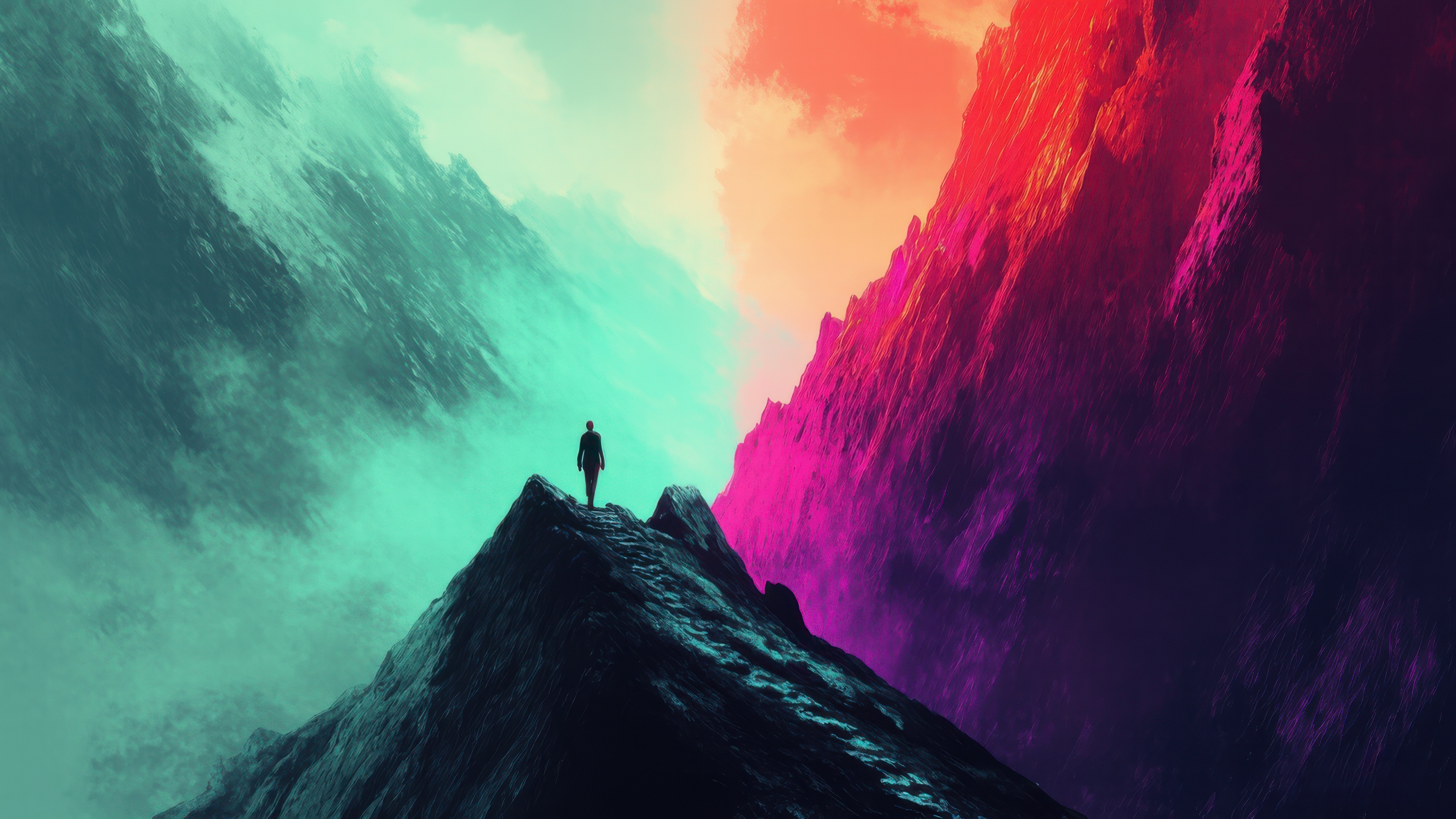 Man on a mountain ridge with colorful sky HD Wallpaper