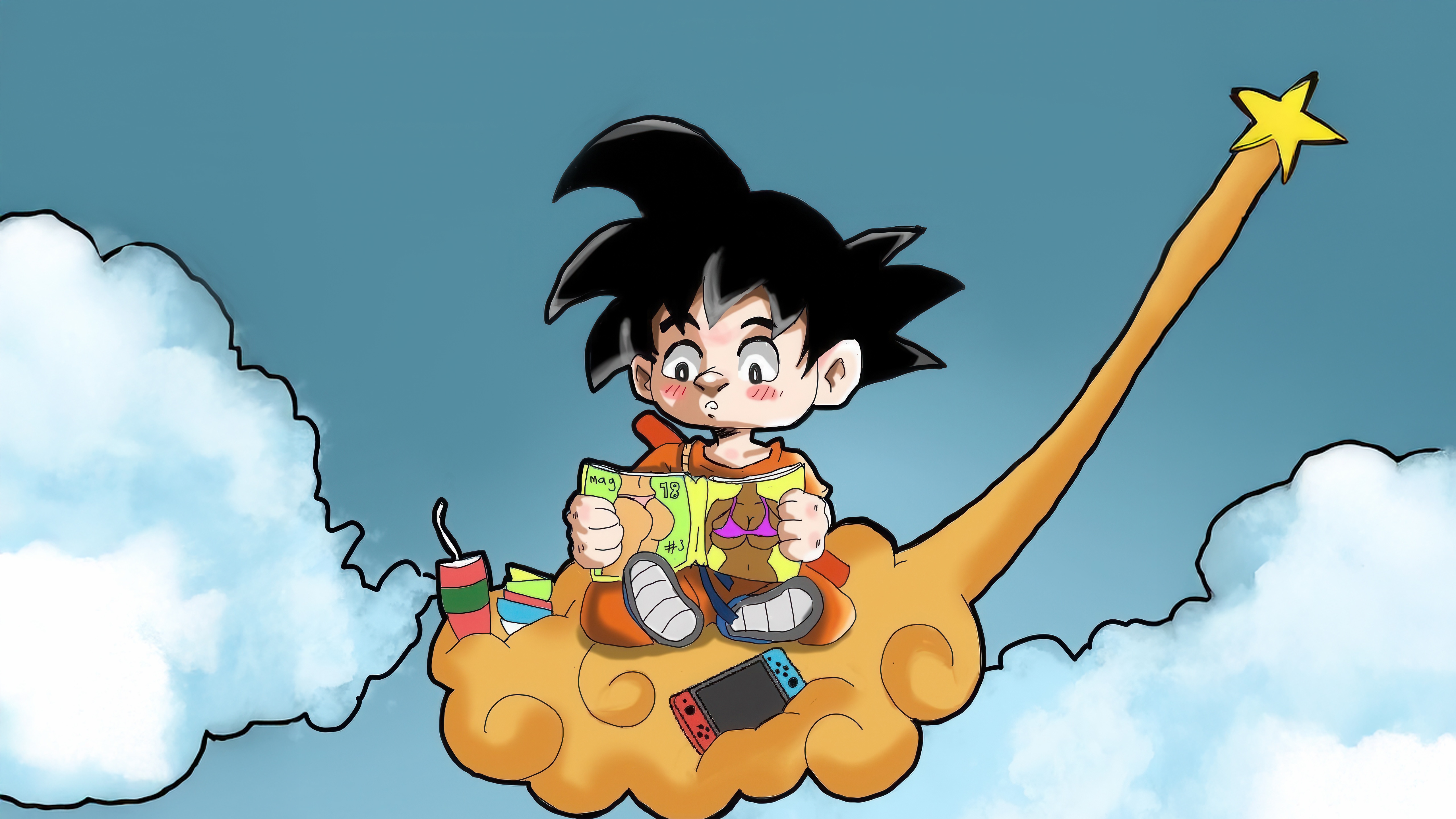 Goku reading a magazine on Nimbus Cloud HD Wallpaper