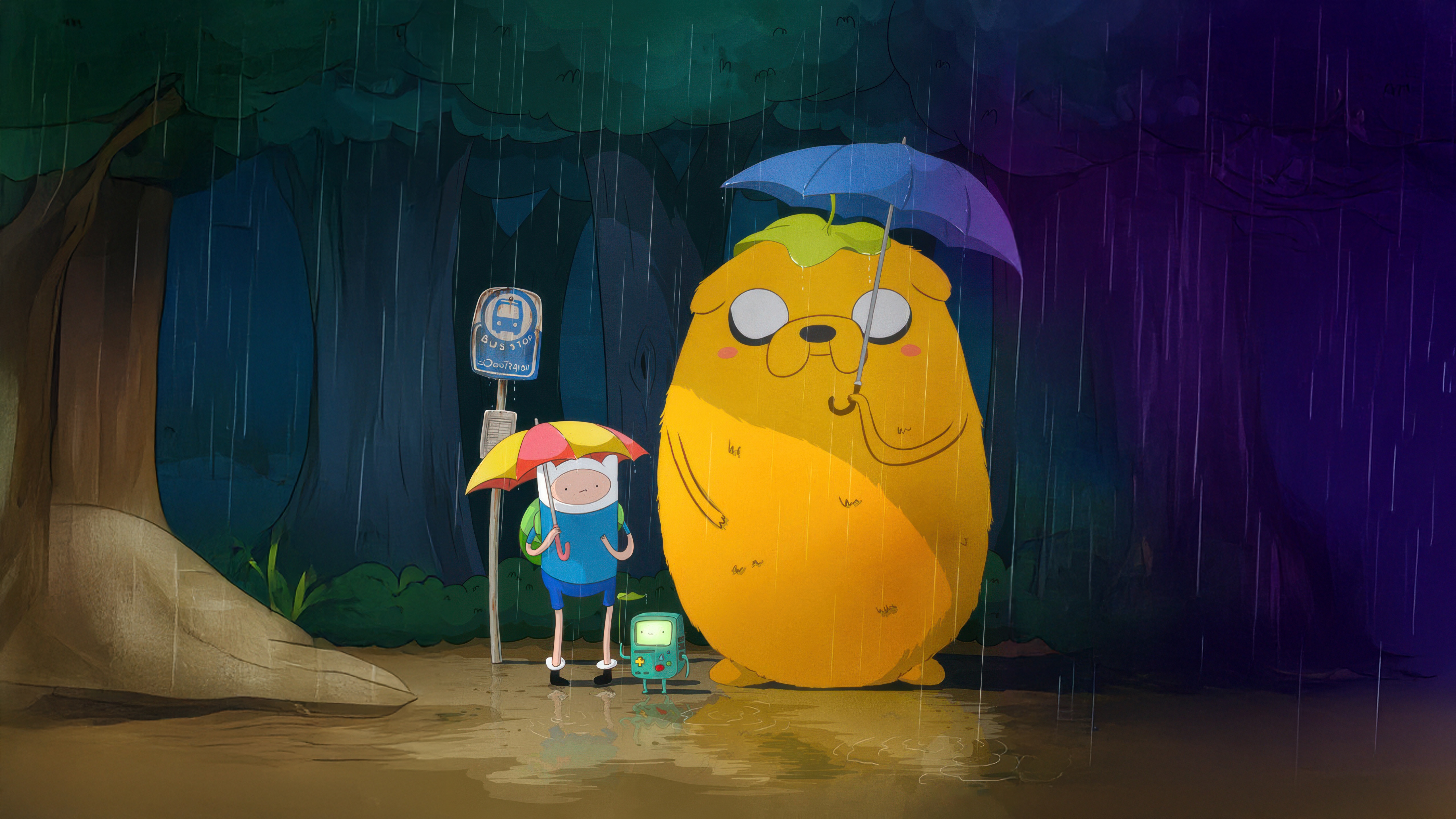 Finn and Jake wait at a bus stop in the rain HD Wallpaper