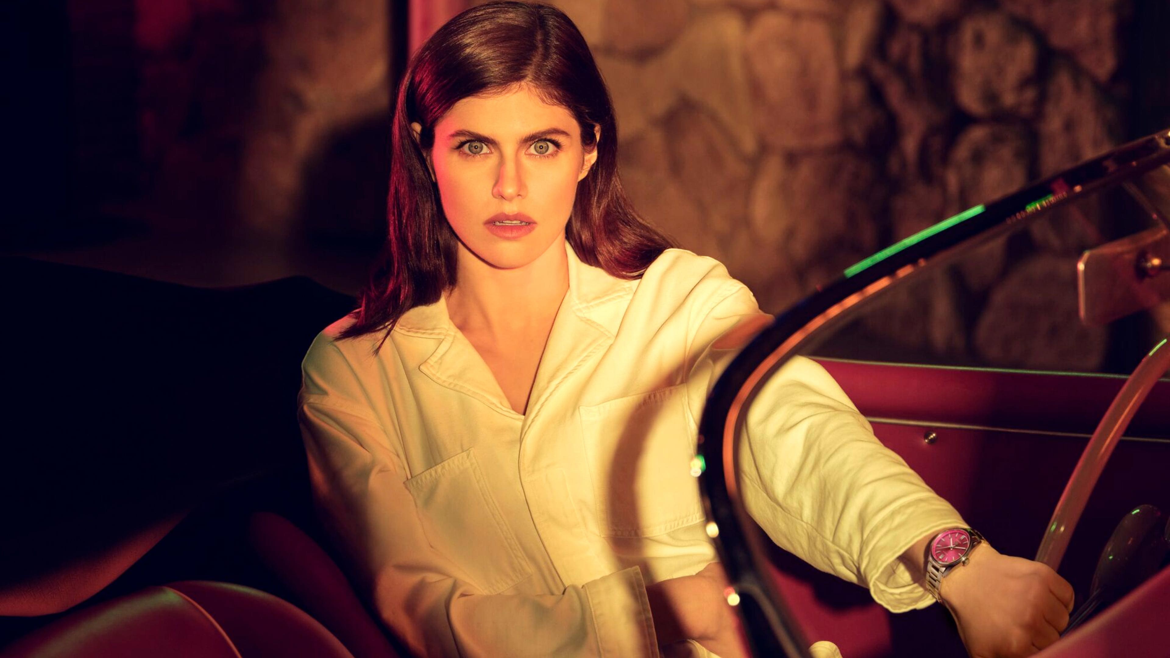 Alexandra Daddario in a car with Tag Heuer watch HD Wallpaper