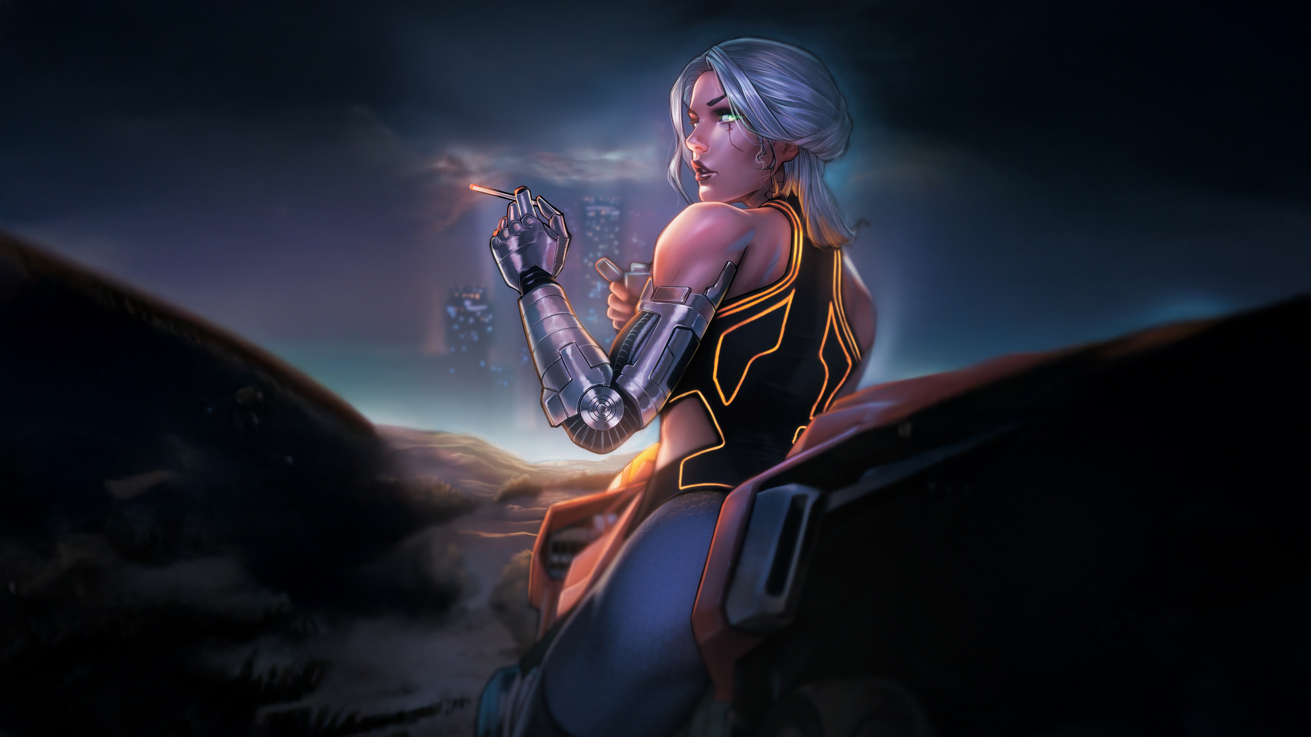 Cyberpunk girl with a smoky vibe on a vehicle HD Wallpaper