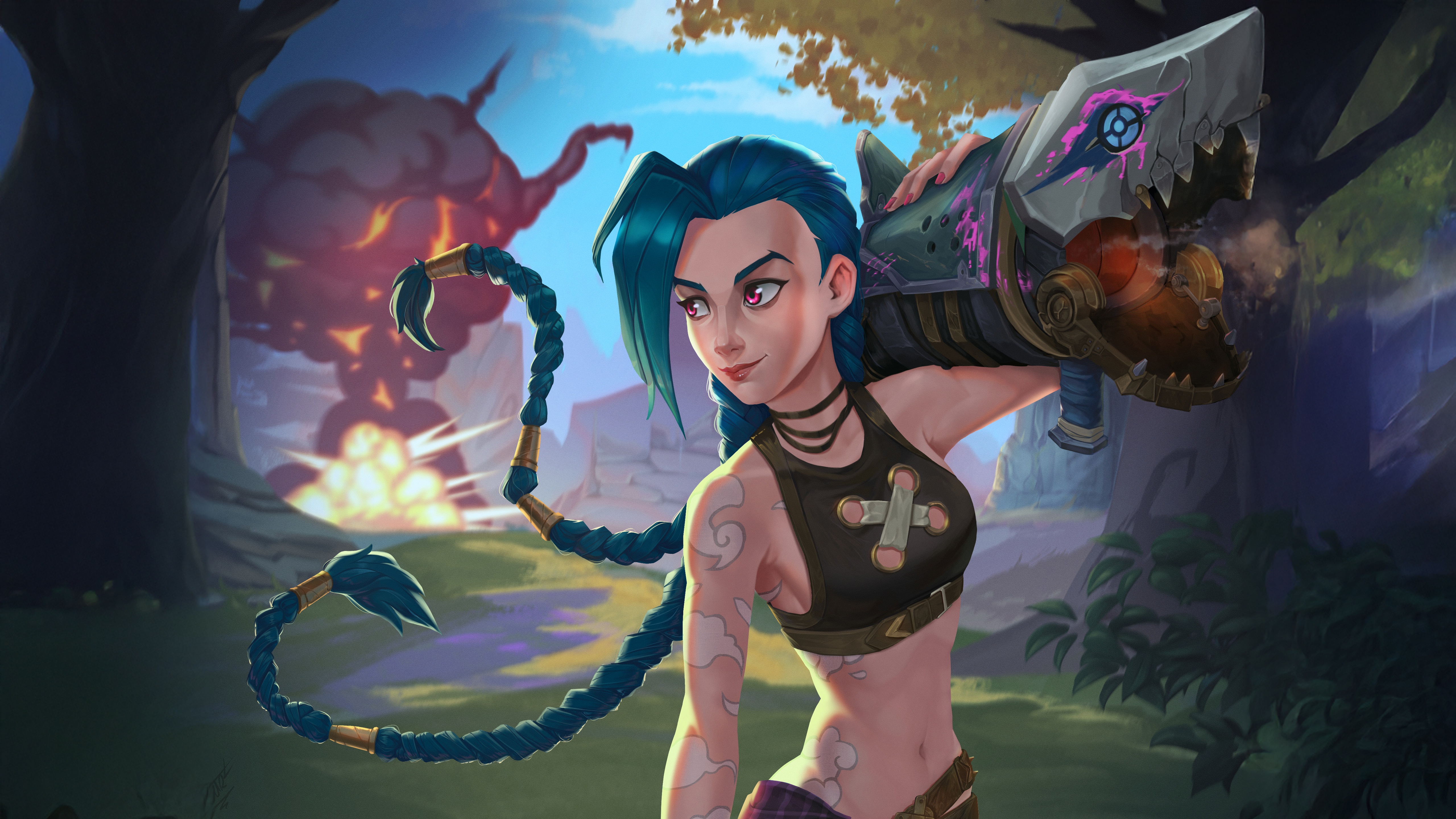 Jinx with her weapon and an explosion HD Wallpaper